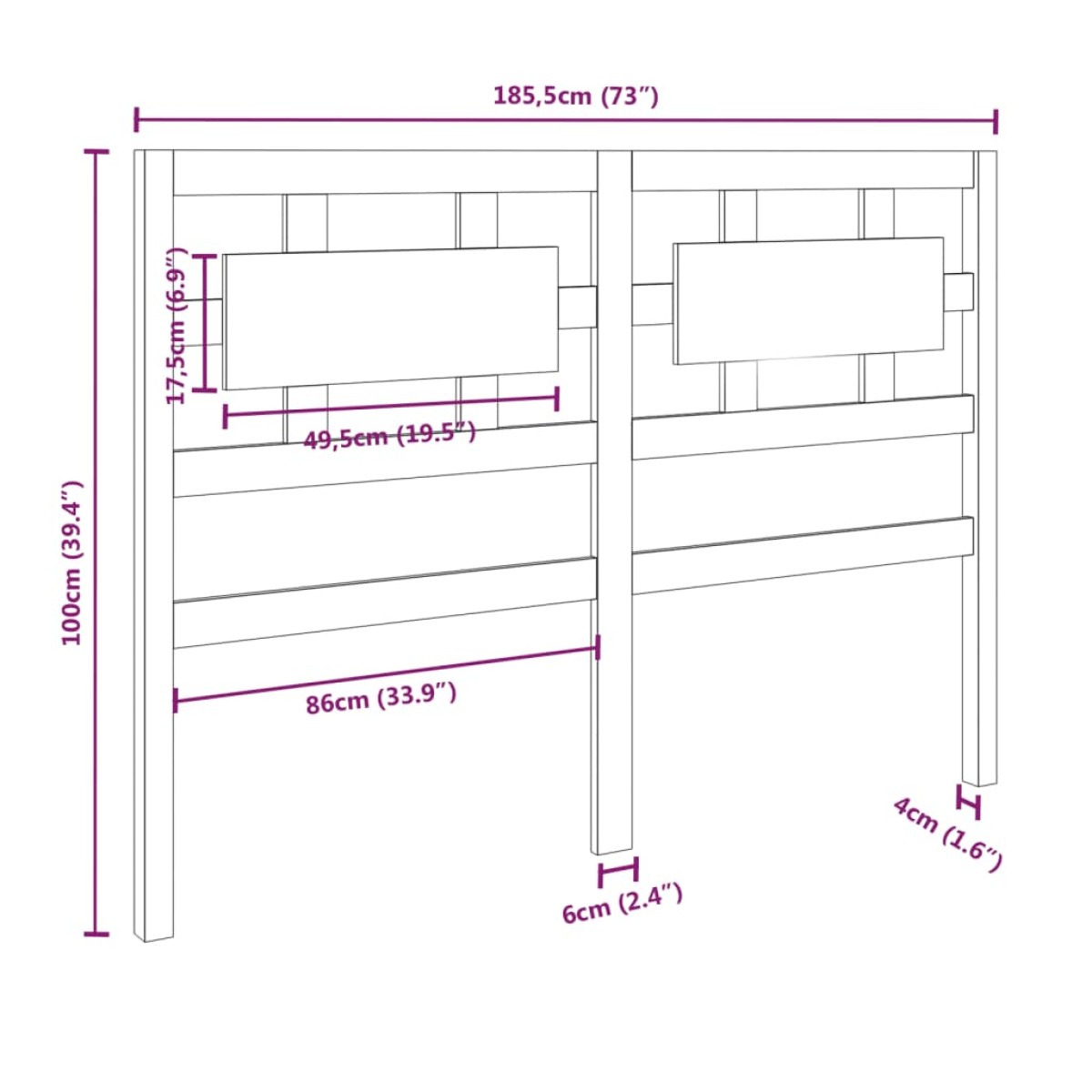 vidaXL Κεφαλάρι Κρεβατιού Μαύρο 185,5x4x100 εκ. Μασίφ Ξύλο Πεύκου