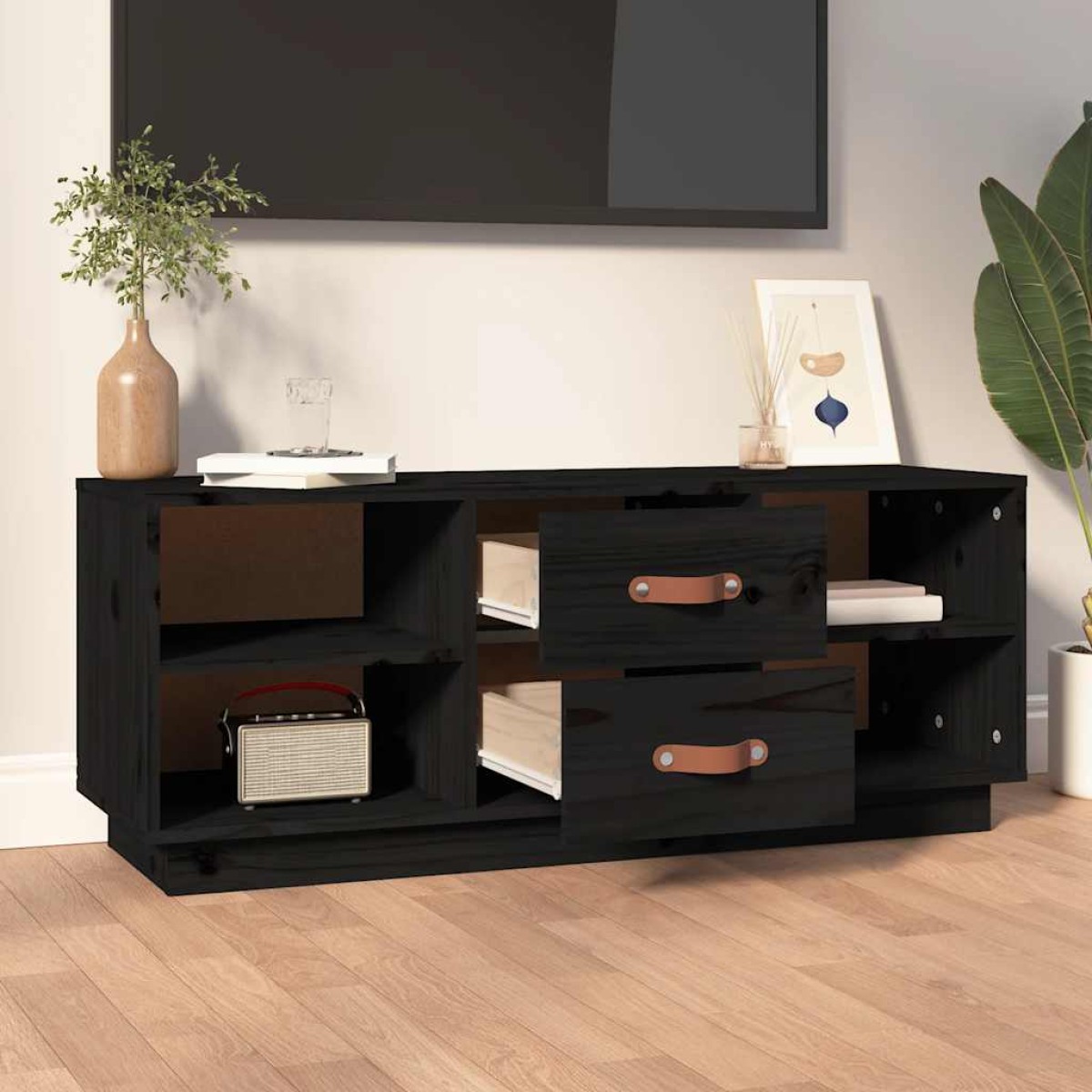 vidaXL Έπιπλο Τηλεόρασης Μαύρο 100 x 34 x 40 εκ. από Μασίφ Ξύλο Πεύκου