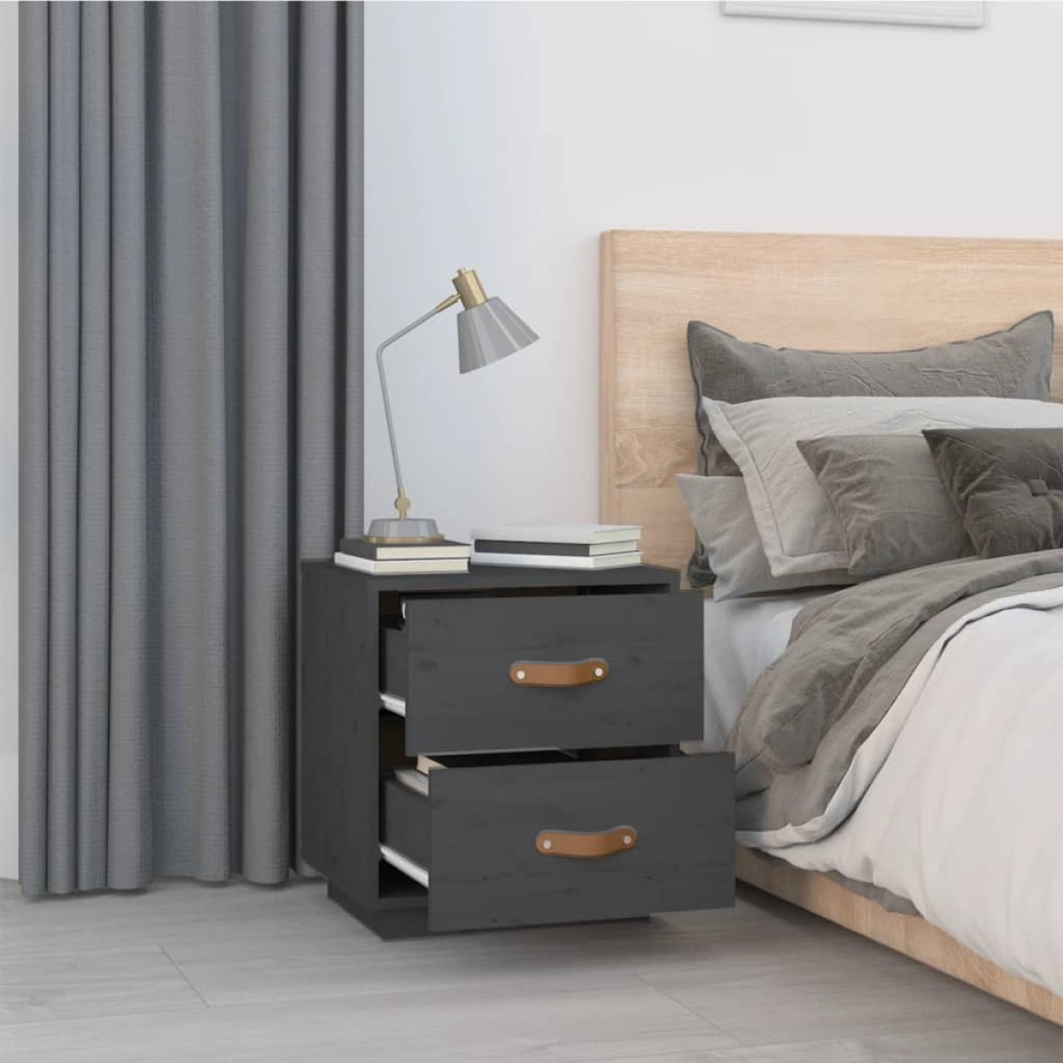 vidaXL Κομοδίνα 2 τεμ. Γκρι 40x34x45 εκ. από Μασίφ Ξύλο Πεύκου
