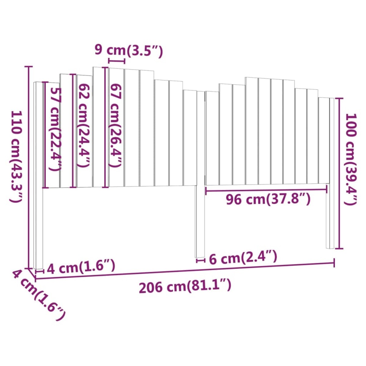 vidaXL Κεφαλάρι Κρεβατιού Μαύρο 206x4x110 εκ. Μασίφ Ξύλο Πεύκου