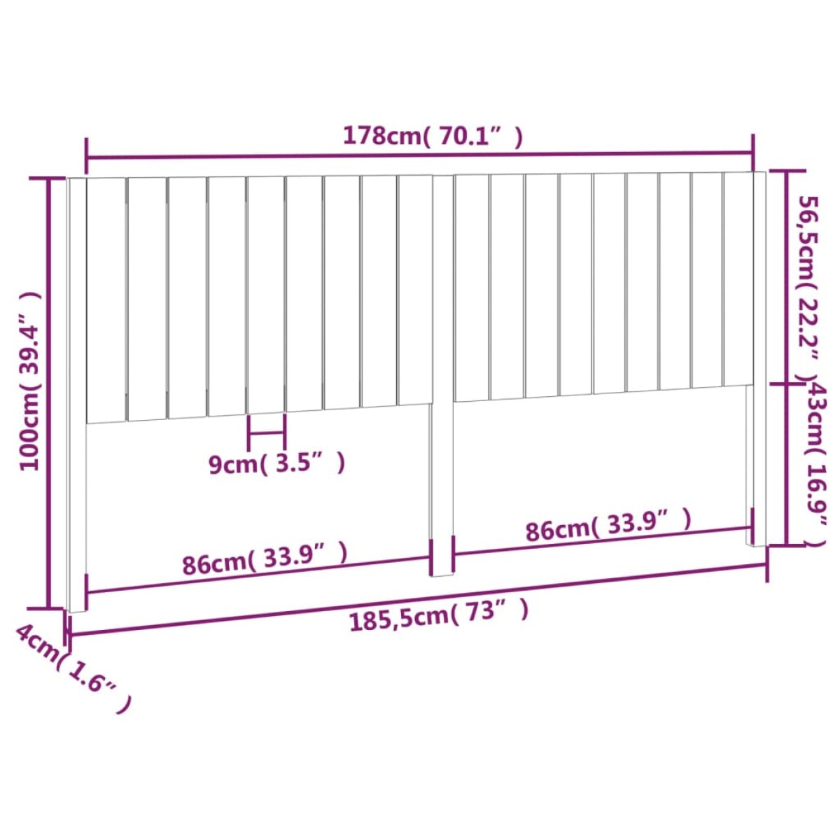 vidaXL Κεφαλάρι Κρεβατιού 185,5 x 4 x 100 εκ. από Μασίφ Ξύλο Πεύκου