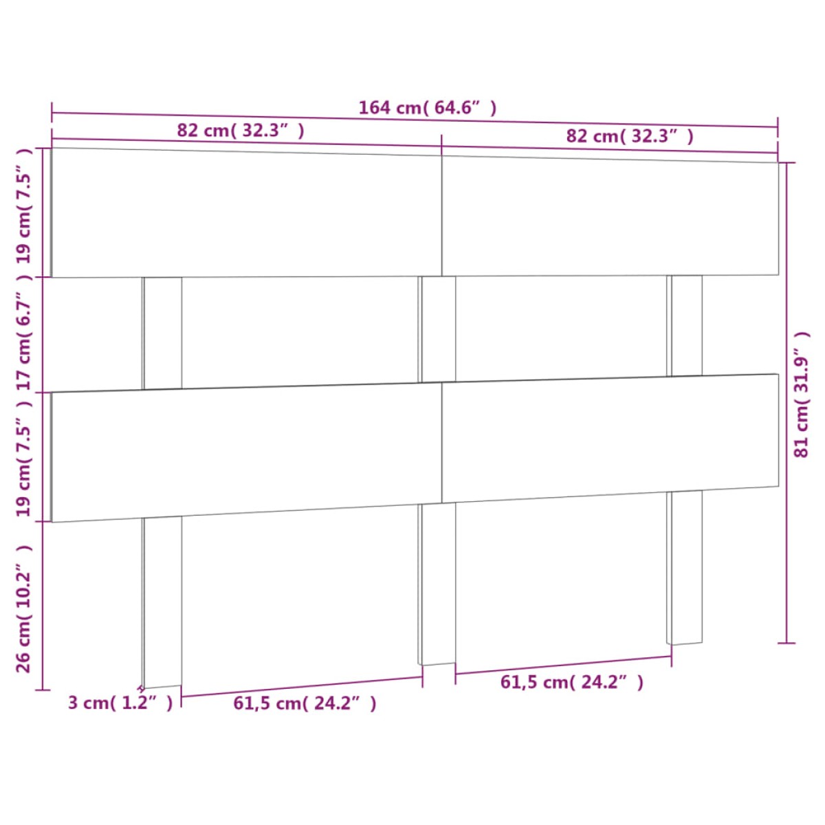 vidaXL Κεφαλάρι Κρεβατιού 164 x 3 x 81 εκ. από Μασίφ Ξύλο Πεύκου