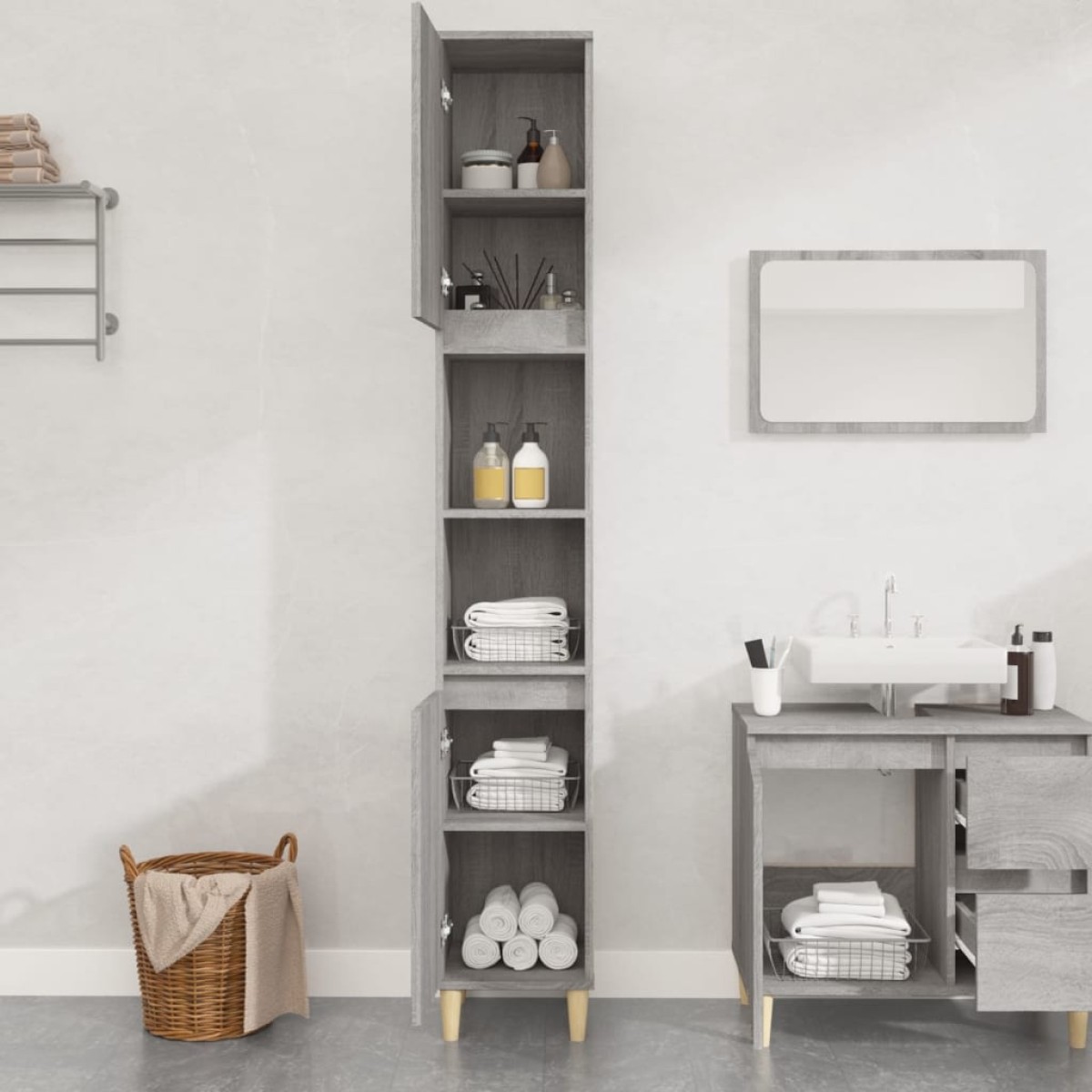 vidaXL Ντουλάπι Μπάνιου Γκρι Sonoma 30x30x190 εκ. Επεξεργασμένο Ξύλο