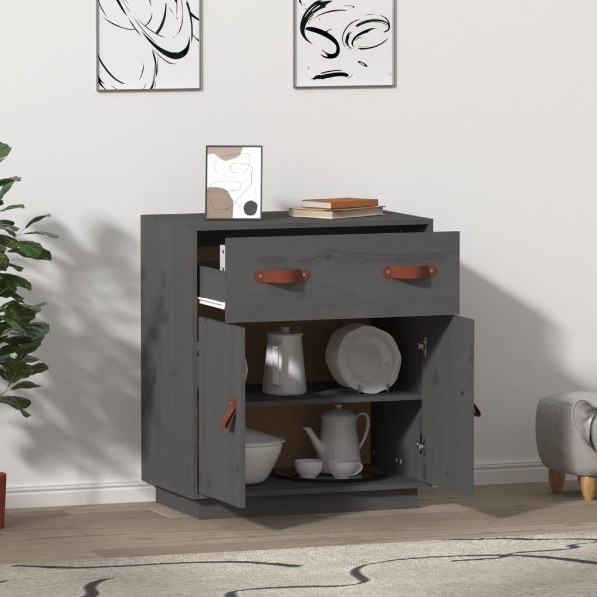 vidaXL Μπουφές Γκρι 65,5x40x75 εκ. από Μασίφ Ξύλο Πεύκου