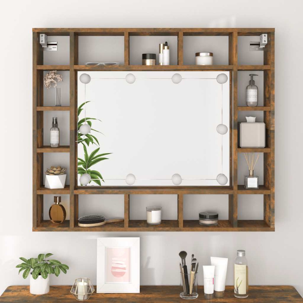 vidaXL Έπιπλο Καθρέπτη με LED Καπνιστή Δρυς 91x15x76,5 εκ.