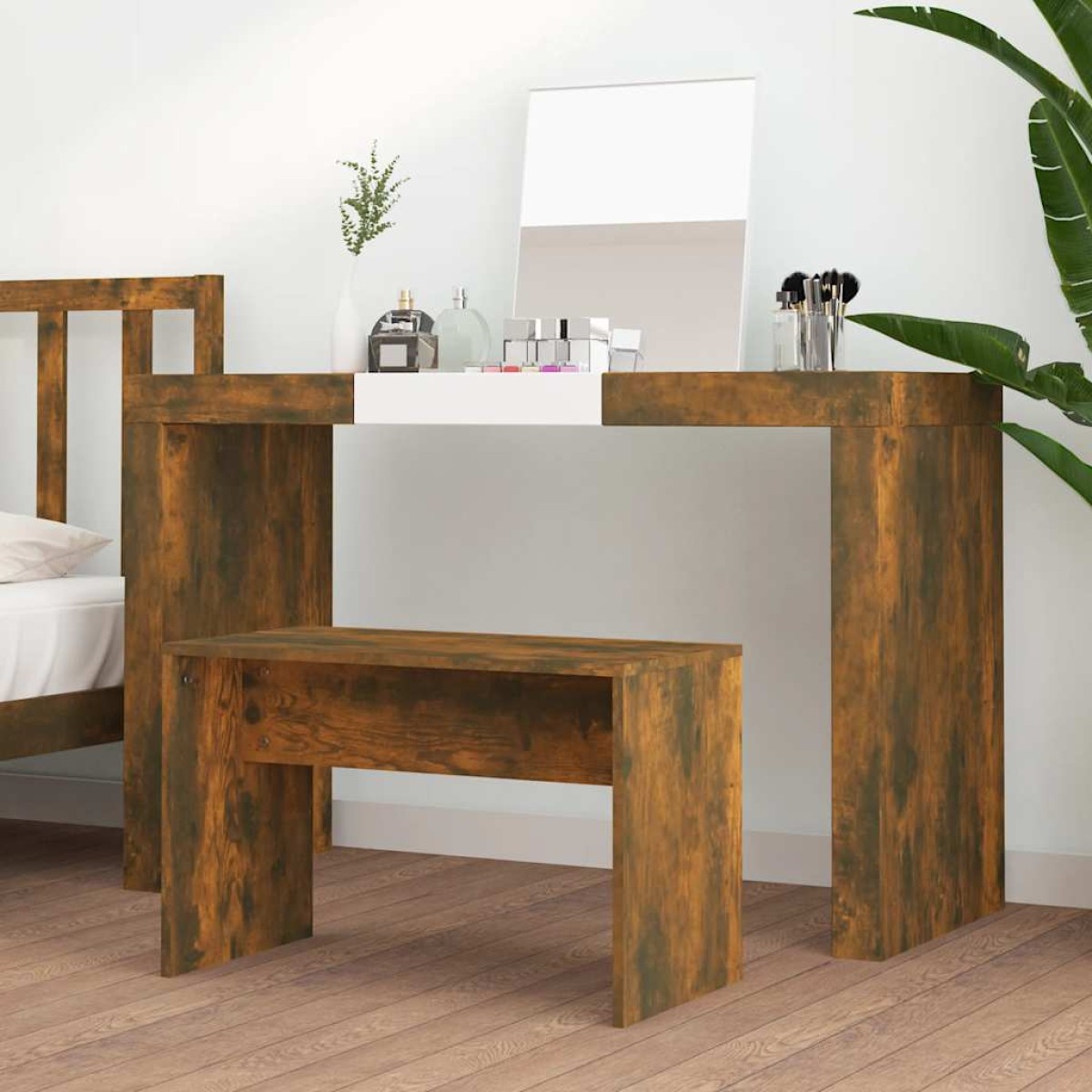 vidaXL Σκαμπό Μπουντουάρ Καπνιστή δρυς 70 x 35 x 45 εκ. Επεξ. Ξύλο
