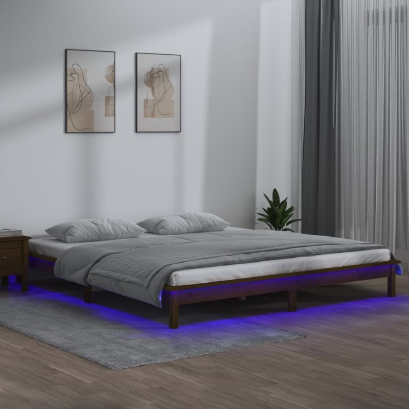 vidaXL Πλαίσιο Κρεβατιού Με LED Καφέ Μελί 140x200 εκ. από Μασίφ Ξύλο