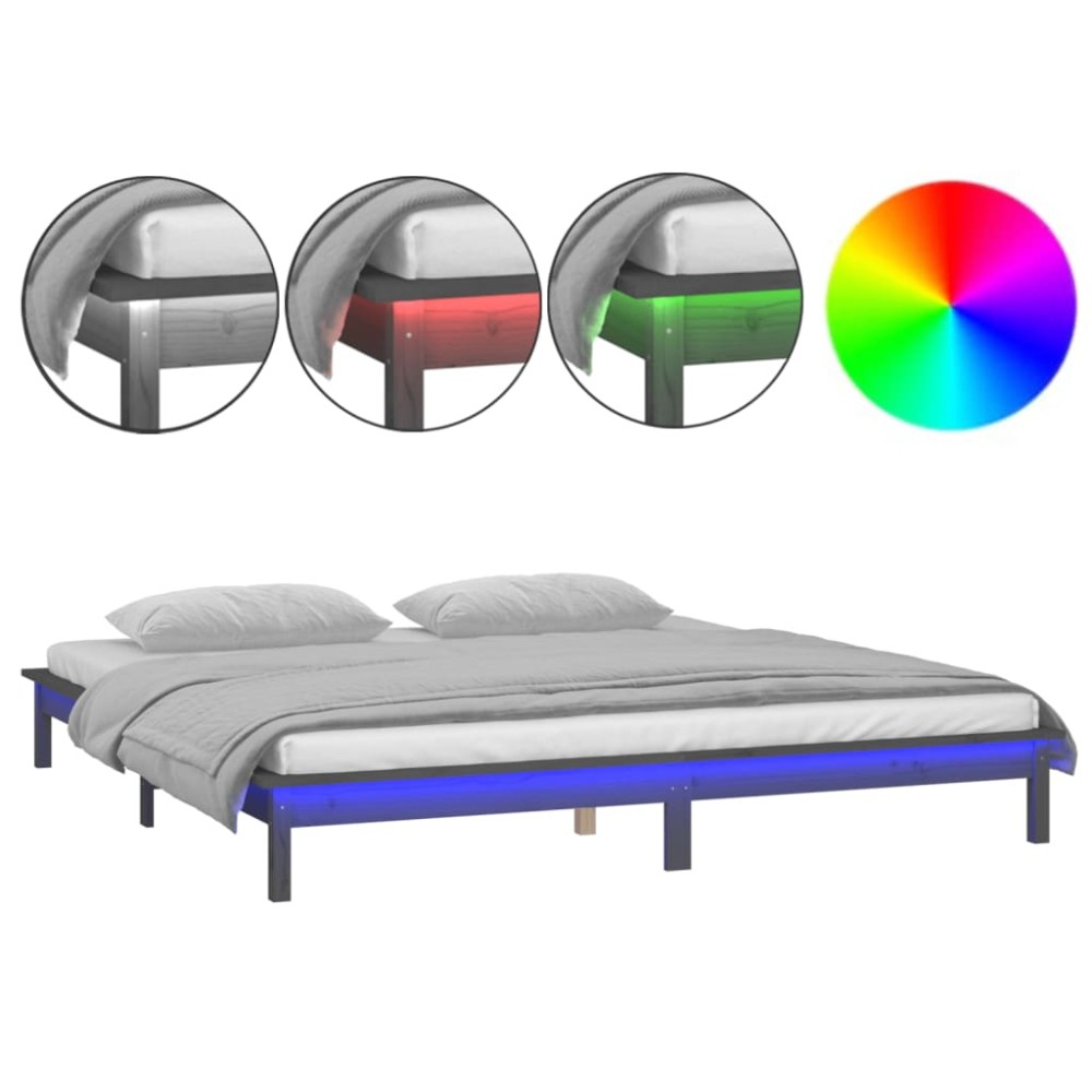 vidaXL Πλαίσιο Κρεβατιού με LED Γκρι 140 x 190 εκ. από Μασίφ Ξύλο