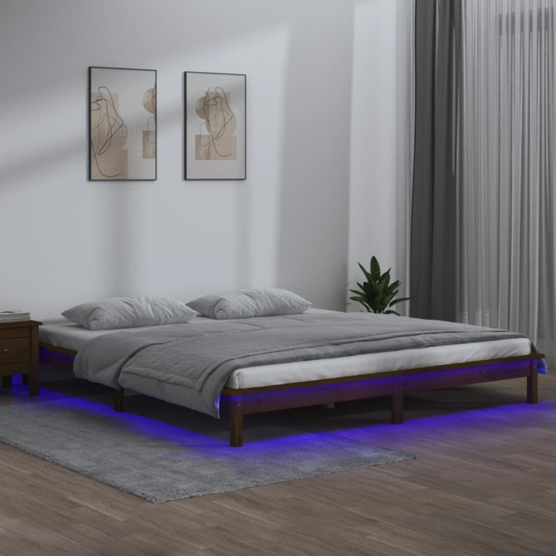 vidaXL Πλαίσιο Κρεβατιού με LED Μελί 140 x 190 εκ. από Μασίφ Ξύλο
