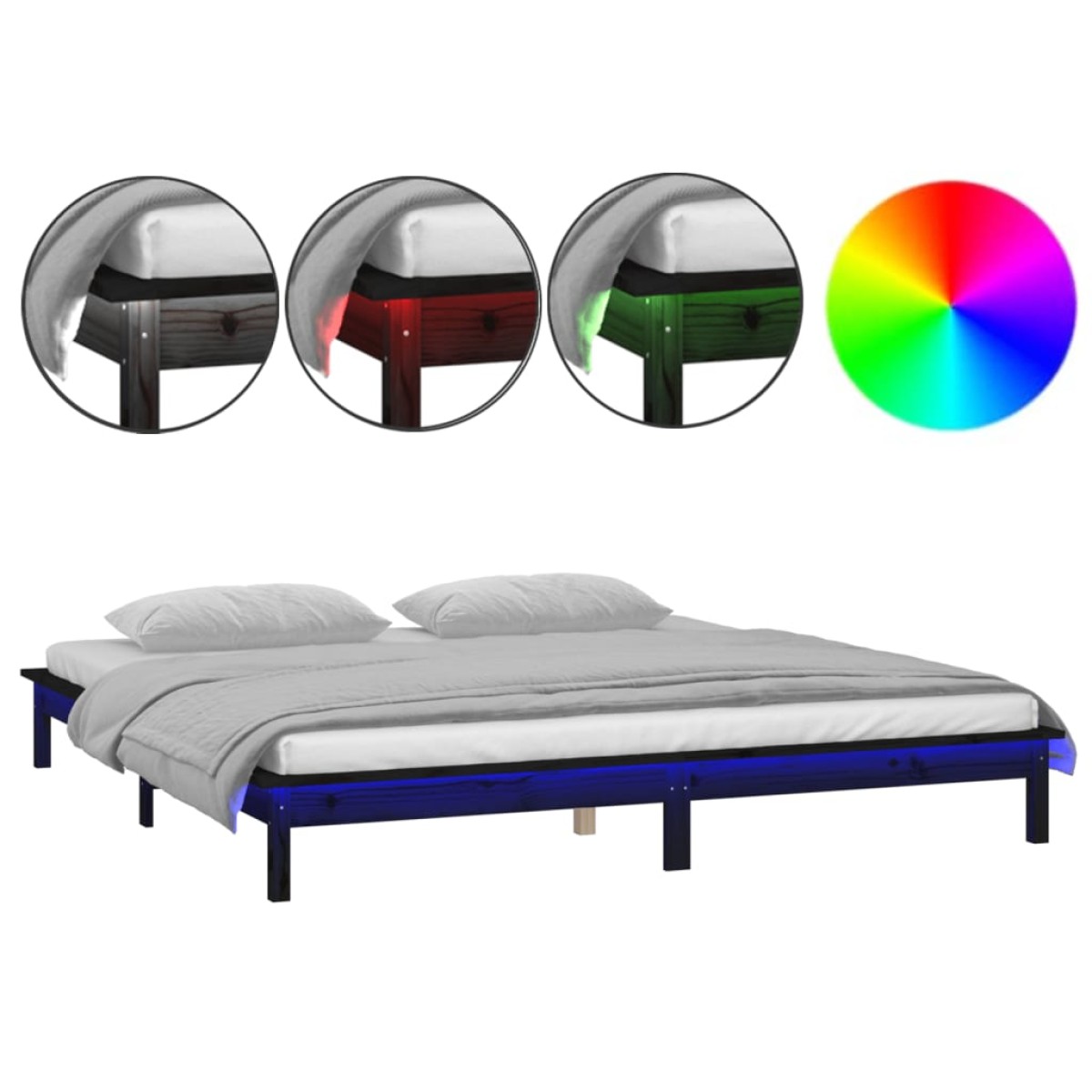 vidaXL Πλαίσιο Κρεβατιού με LED Μαύρο 140 x 190 εκ. από Μασίφ Ξύλο