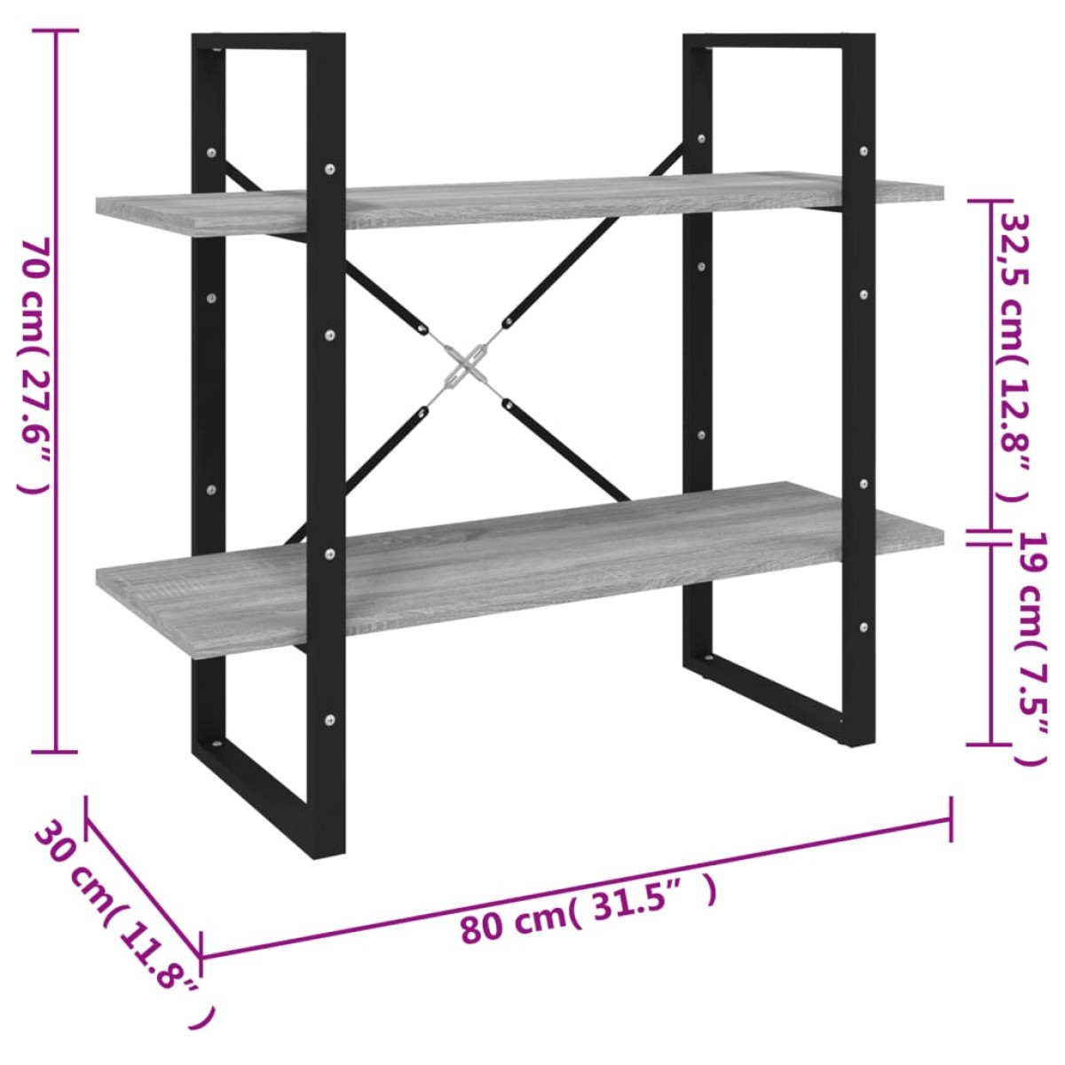 vidaXL Βιβλιοθήκη με 2 Ράφια Γκρι Sonoma 80x30x70 εκ. Επεξεργ. Ξύλο