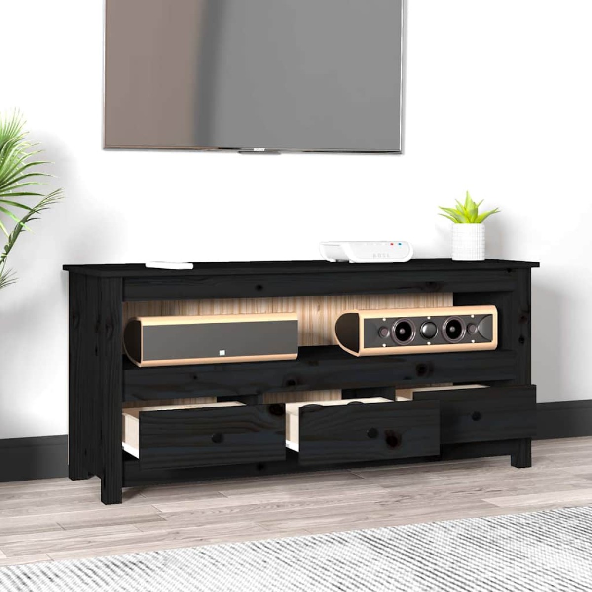 vidaXL Έπιπλο Τηλεόρασης Μαύρο 114 x 35 x 52 εκ. από Μασίφ Ξύλο Πεύκου