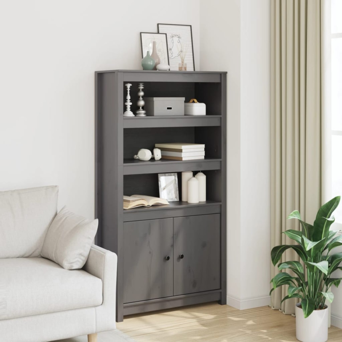 vidaXL Ντουλάπι Ψηλό Γκρι 80x35x154 εκ. από Μασίφ Ξύλο Πεύκου