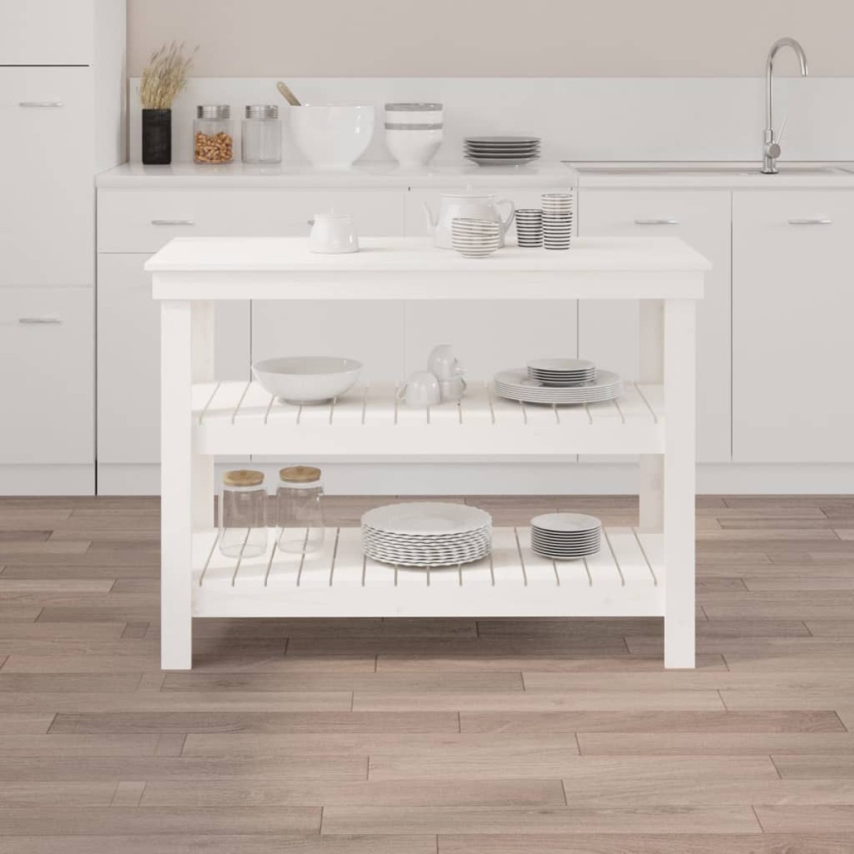 vidaXL Πάγκος Εργασίας Λευκός 110,5x50x80 εκ. από Μασίφ Ξύλο Πεύκου