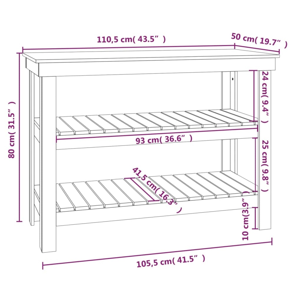 vidaXL Πάγκος Εργασίας Λευκός 110,5x50x80 εκ. από Μασίφ Ξύλο Πεύκου