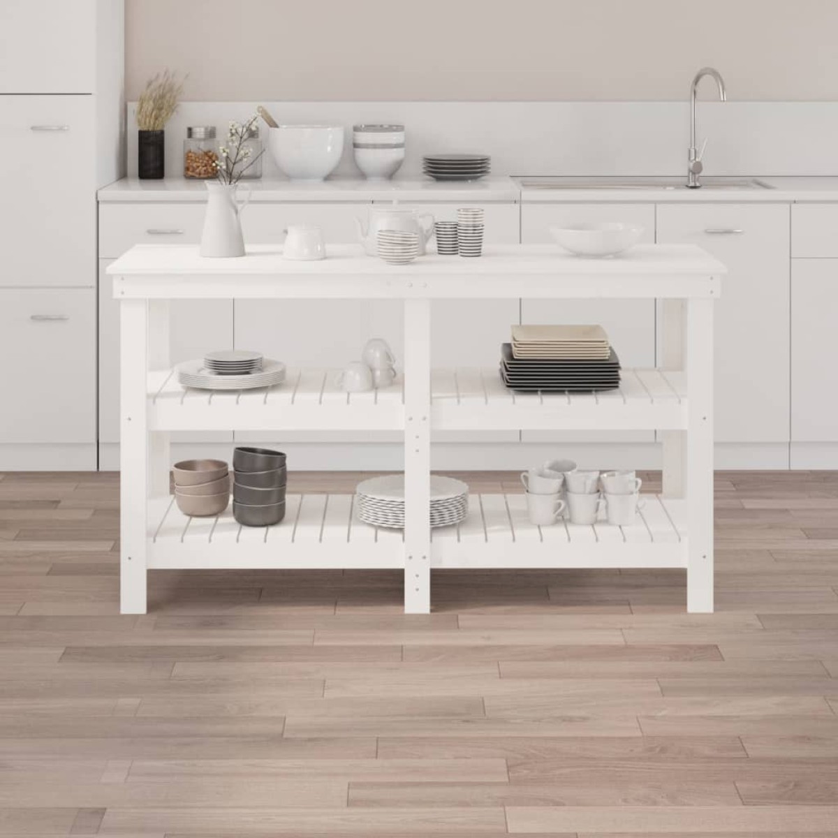 vidaXL Πάγκος Εργασίας Λευκός 142,5x50x80 εκ. από Μασίφ Ξύλο Πεύκου