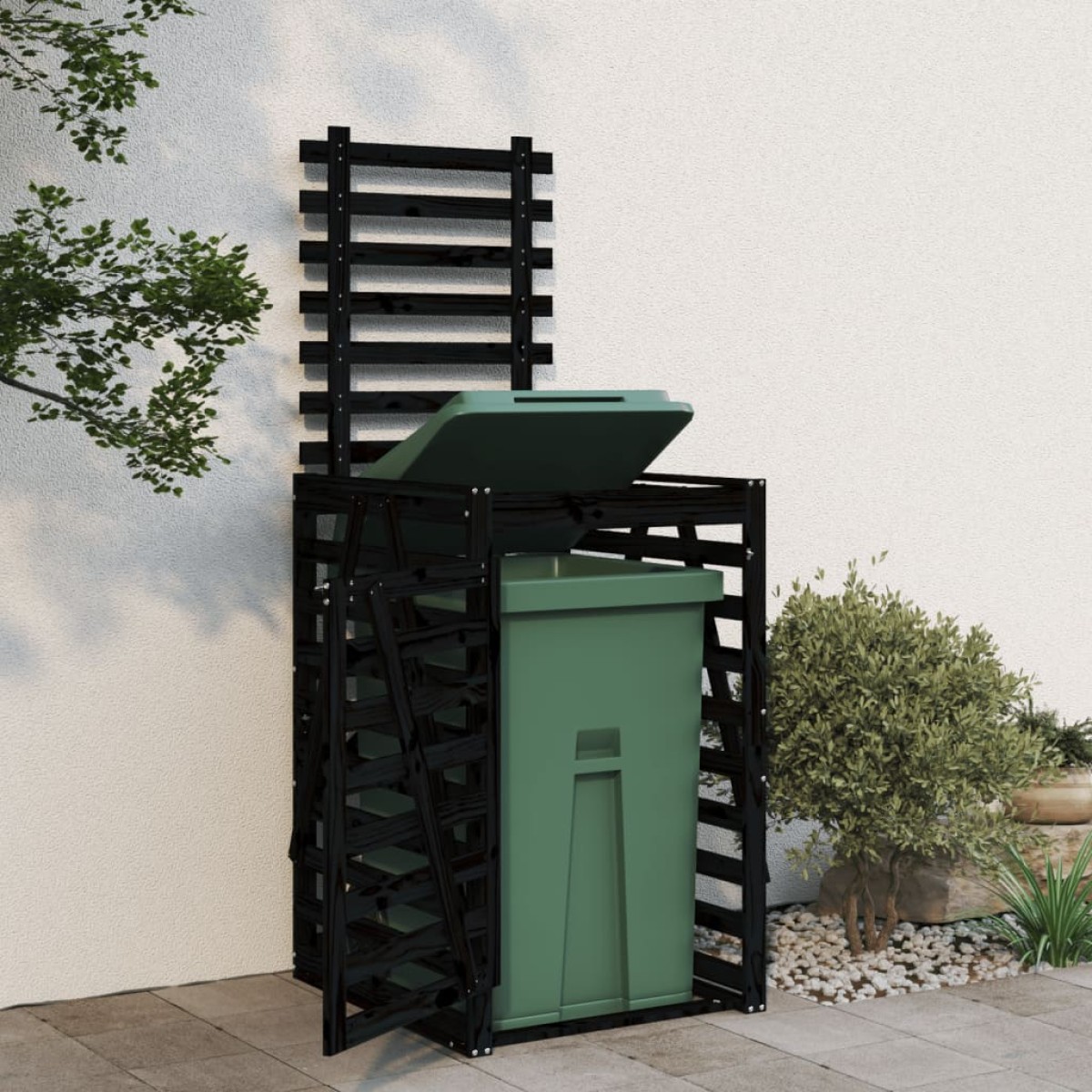 vidaXL Αποθ. Τροχήλατου Κάδου Μαύρη 84x90x128,5 εκ. Μασίφ Ξύλο Πεύκου