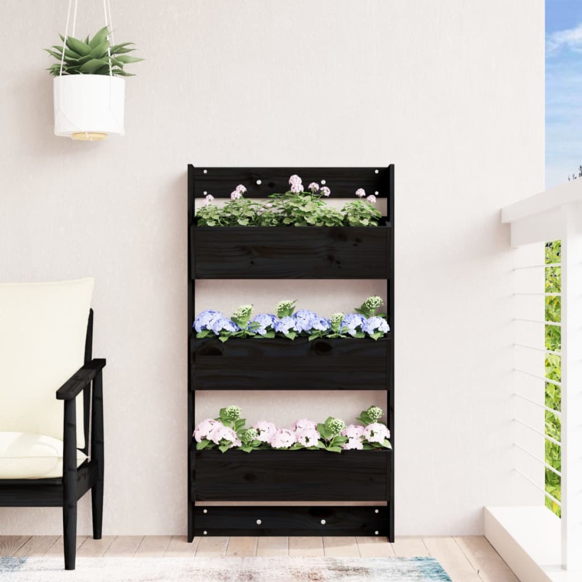 vidaXL Ζαρντινιέρα Τοίχου 3 Επιπέδων Μαύρη 60x18,5x110 εκ. Μασίφ Πεύκο