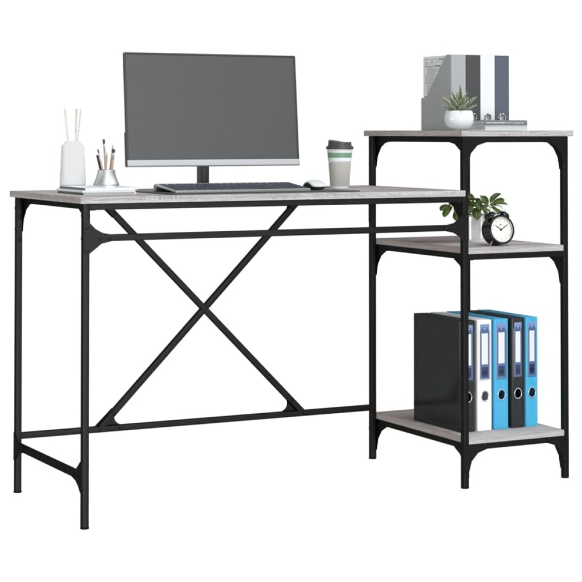 vidaXL Γραφείο με Ράφια Γκρι Sonoma 135x50x90 εκ. Επεξ. Ξύλο/Σίδηρος