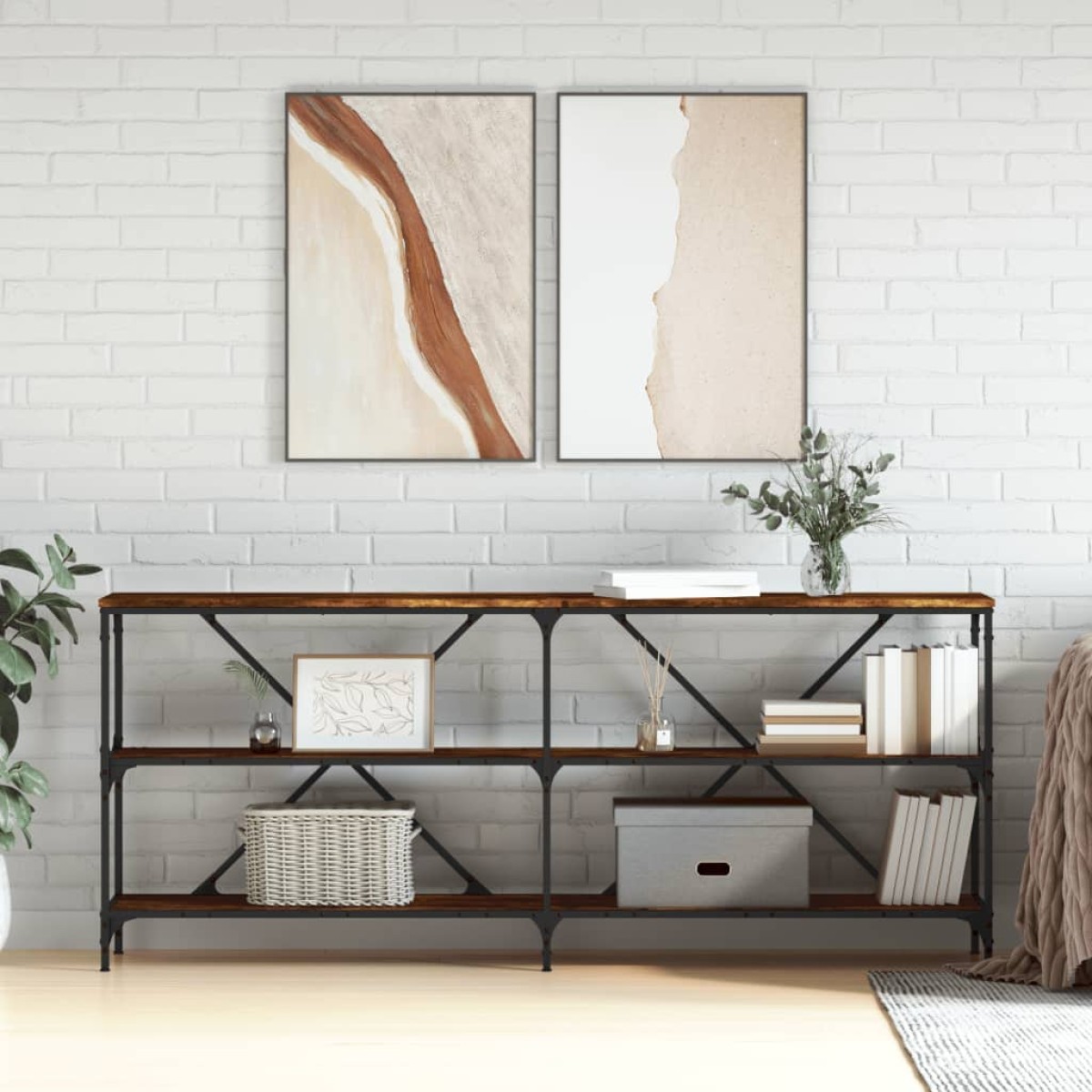 vidaXL Τραπέζι Κονσόλα Καπνιστή Δρυς 180x30x75 εκ. Επεξ. Ξύλο/Σίδηρος