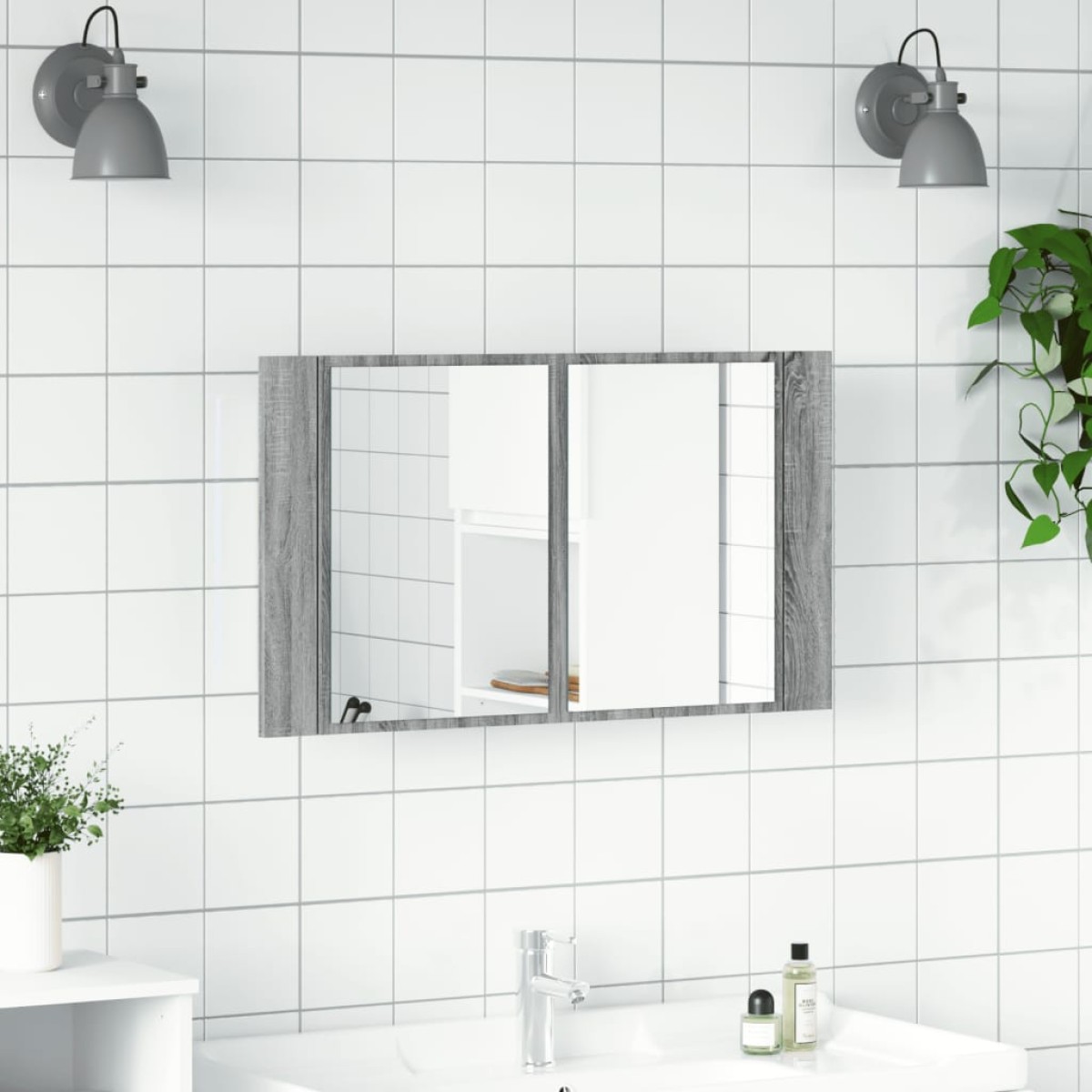 vidaXL Ντουλάπι Μπάνιου Καθρέφτη/Φως LED Γκρι Sonoma 80x12x45εκ Ακρυλ.