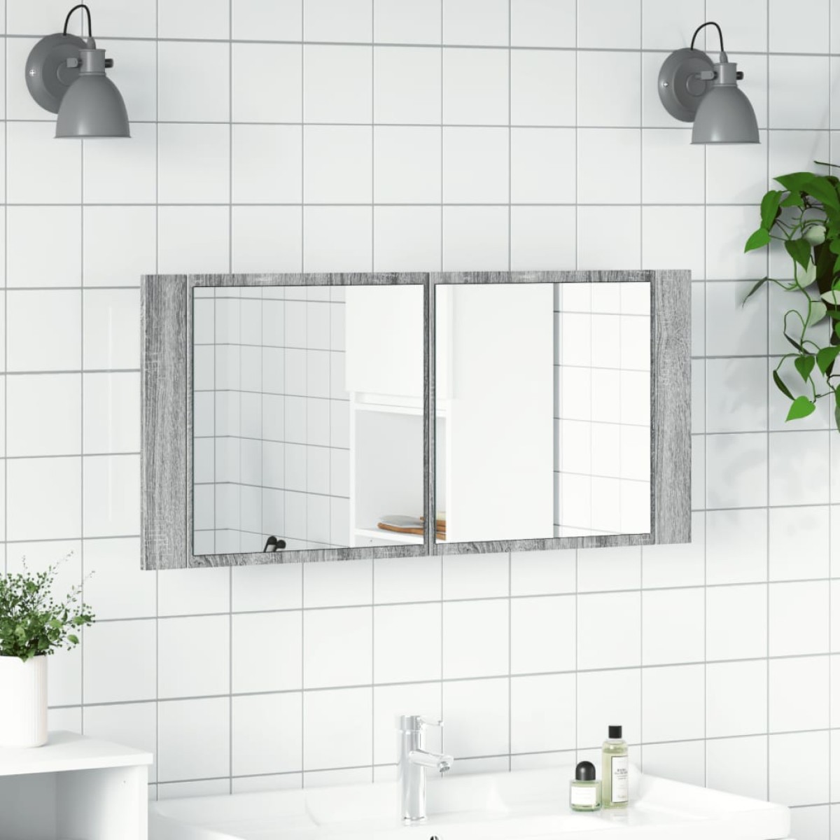 vidaXL Ντουλάπι Μπάνιου με Καθρέφτη / LED Γκρι Sonoma 100x12x45 εκ.