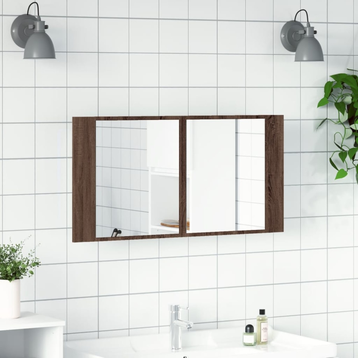 vidaXL Ντουλάπι Μπάνιου Καθρέφτη & LED Καφέ Δρυς 90x12x45εκ Ακρυλικό