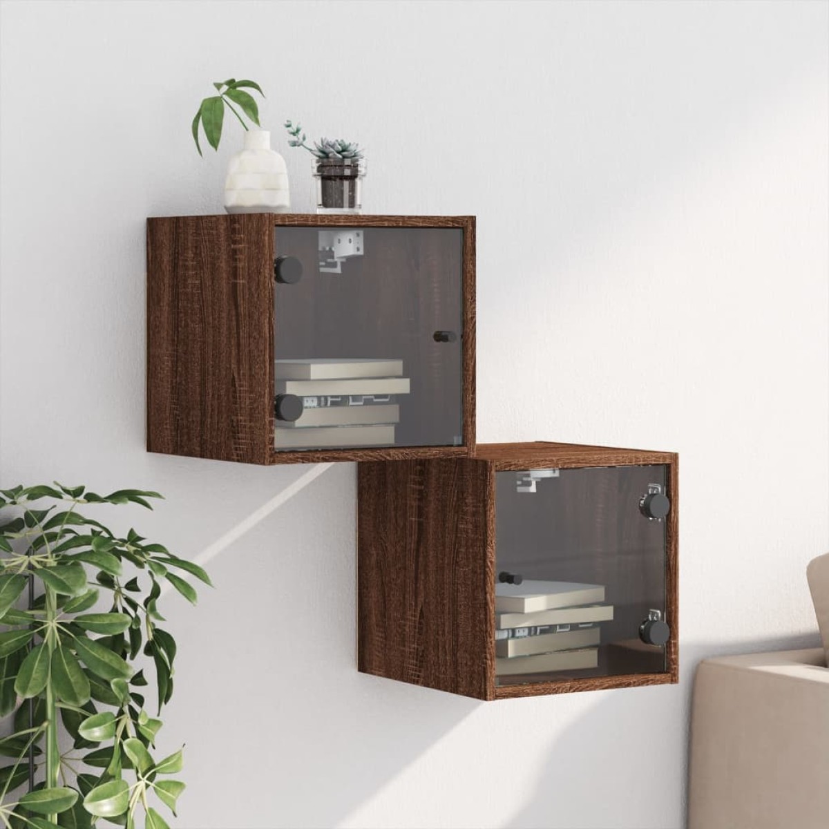 vidaXL Κομοδίνα 2 τεμ. Καφέ Δρυς 35x37x35 εκ. με Γυάλινες Πόρτες