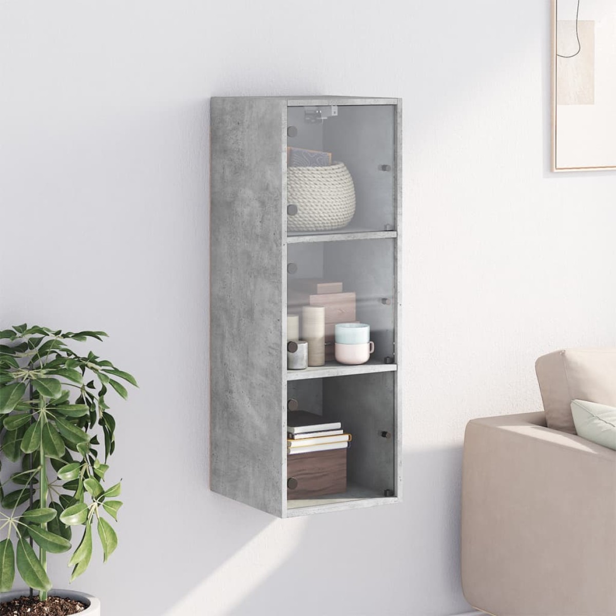vidaXL Ντουλάπι Τοίχου Γκρι Σκυροδ. 35x37x100εκ. με Γυάλινες Πόρτες