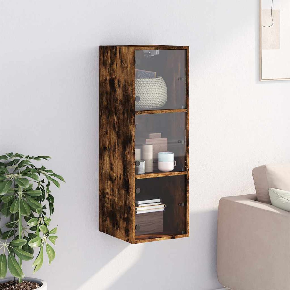 vidaXL Ντουλάπι Τοίχου Καπνιστή Δρυς 35x37x100 εκ. Γυάλινες Πόρτες