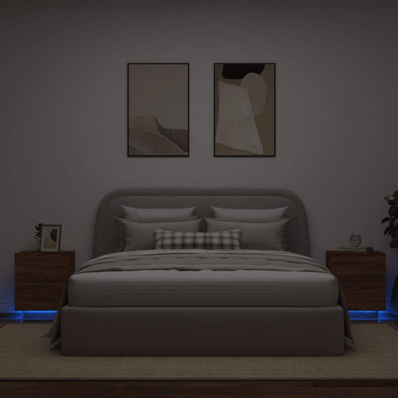 vidaXL Κομοδίνα με Φώτα LED 2 τεμ. Καφέ Δρυς από Επεξεργασμένο Ξύλο