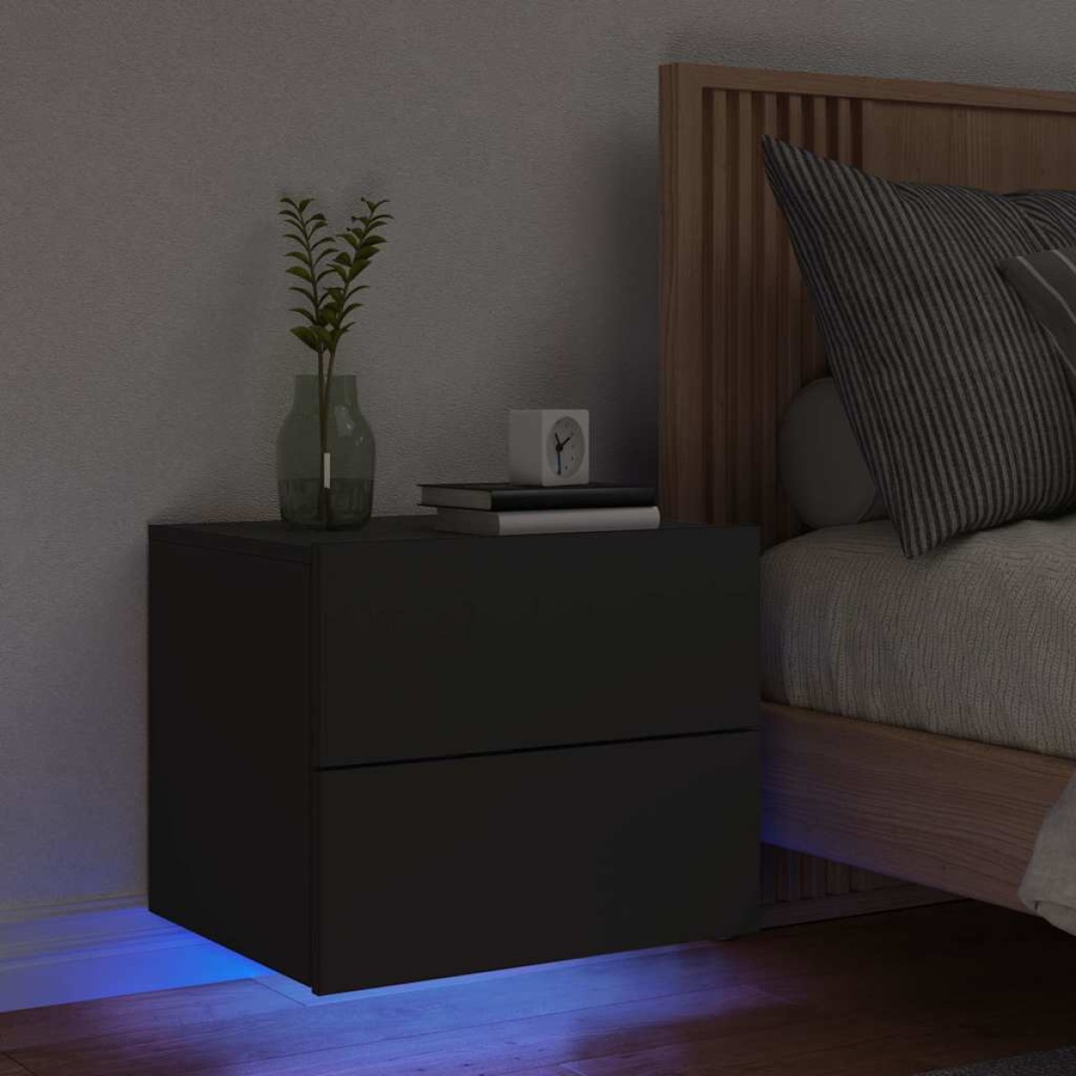 vidaXL Κομοδίνο Επιτοίχιο με Φώτα LED Μαύρο