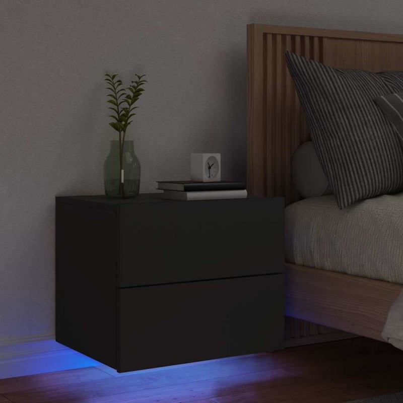 vidaXL Κομοδίνο Επιτοίχιο με Φώτα LED Μαύρο