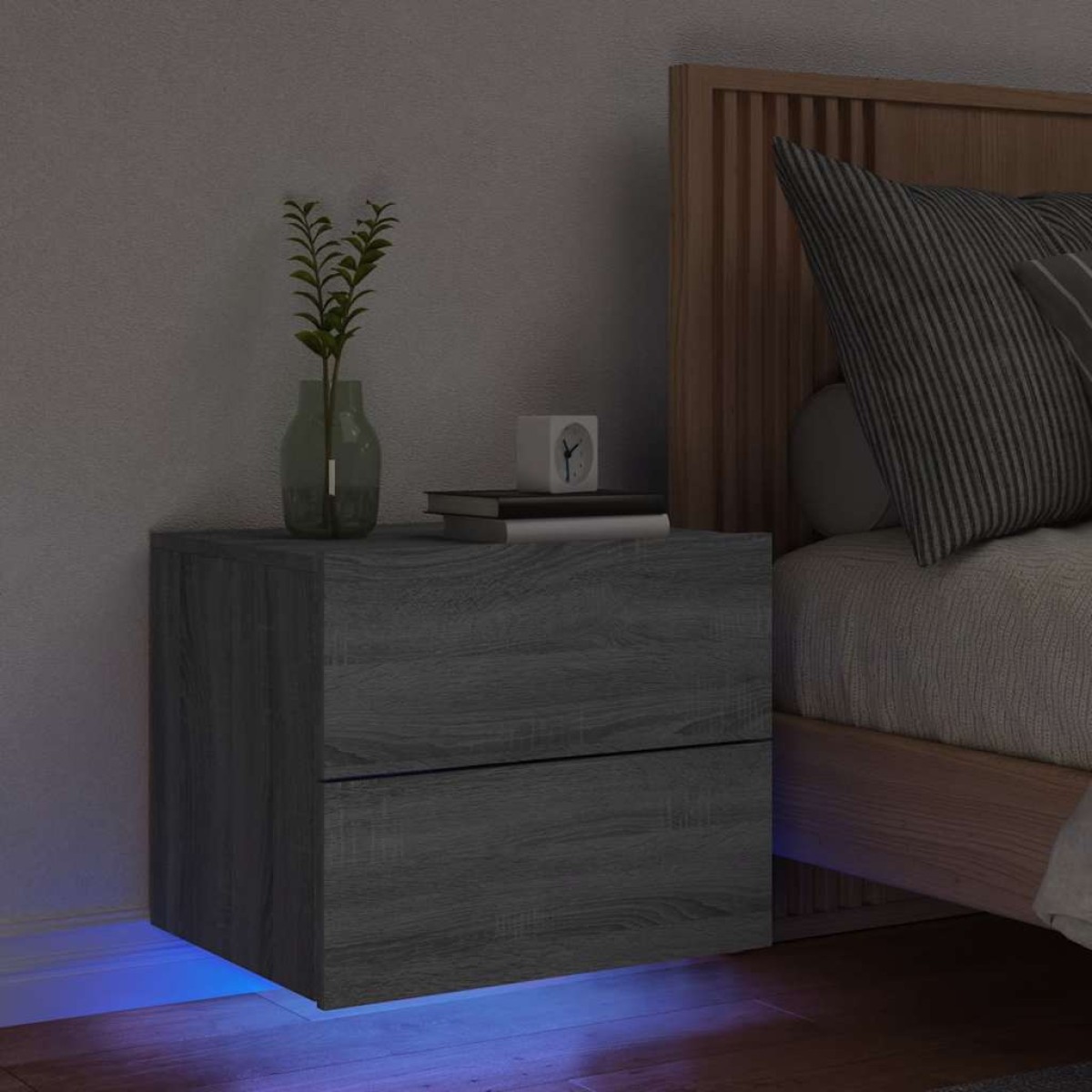 vidaXL Κομοδίνο Επιτοίχιο με Φώτα LED Γκρι Sonoma