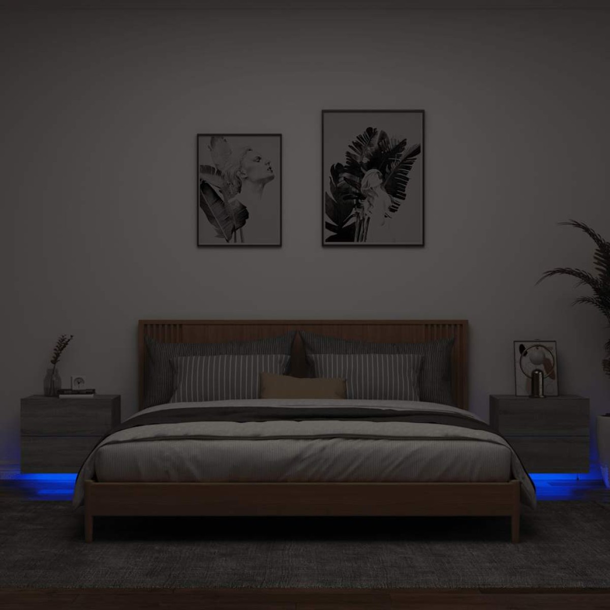 vidaXL Κομοδίνα Επιτοίχια με Φώτα LED 2 τεμ. Γκρι Sonoma
