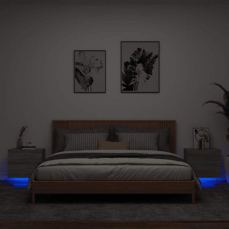 vidaXL Κομοδίνα Επιτοίχια με Φώτα LED 2 τεμ. Γκρι Sonoma