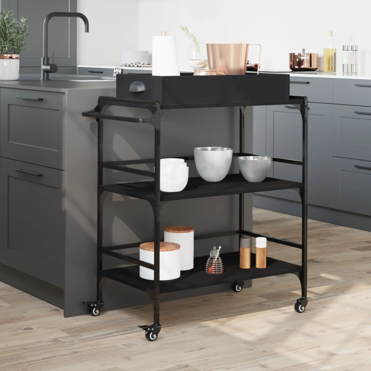 vidaXL Τρόλεϊ Κουζίνας Μαύρο 81,5x41x92,5 εκ. από Επεξεργασμένο Ξύλο