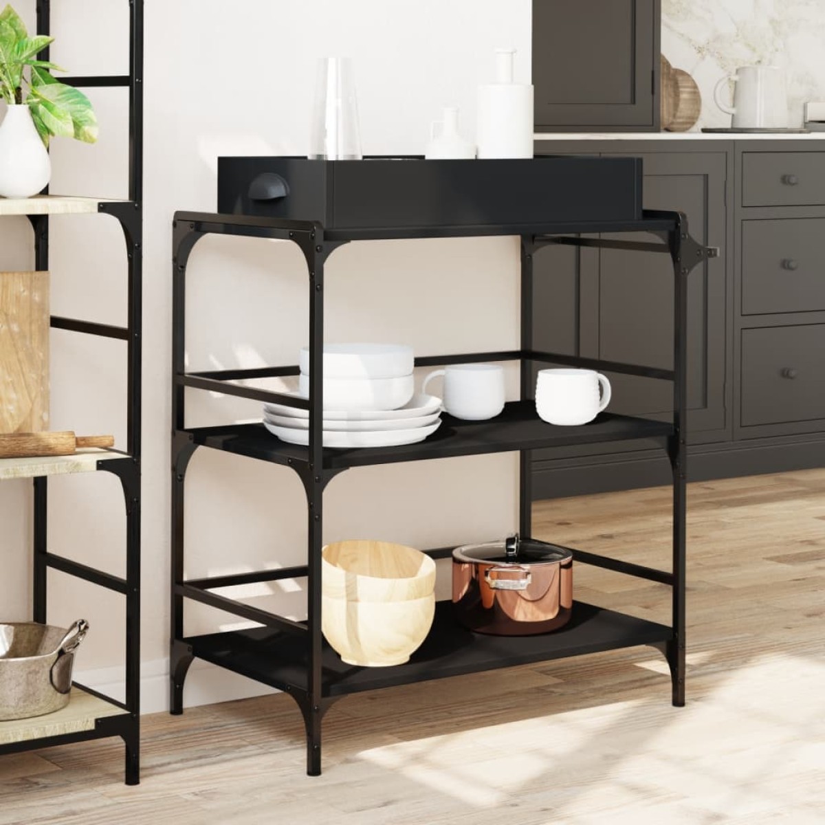 vidaXL Τρόλεϊ Κουζίνας Μαύρο 81,5x41x92,5 εκ. από Επεξεργασμένο Ξύλο
