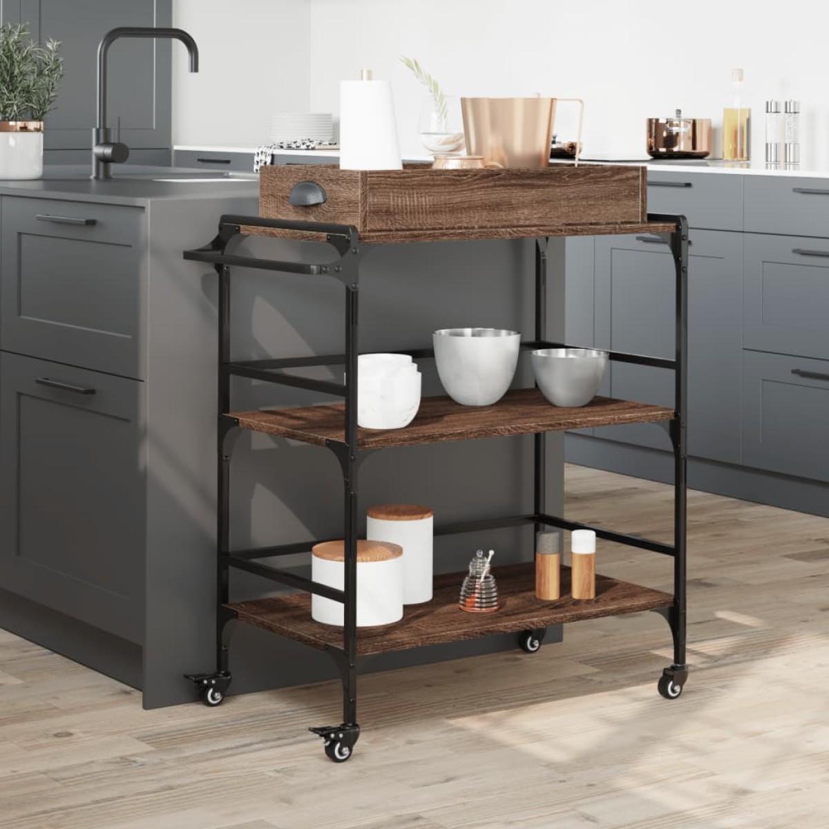 vidaXL Τρόλεϊ Κουζίνας Καφέ Δρυς 81,5x41x92,5 εκ. Επεξεργασμένο Ξύλο