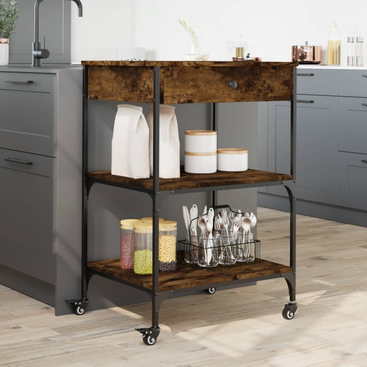 vidaXL Τρόλεϊ Κουζίνας Καπνιστή Δρυς 60x48x89,5 εκ. Επεξεργασμένο Ξύλο