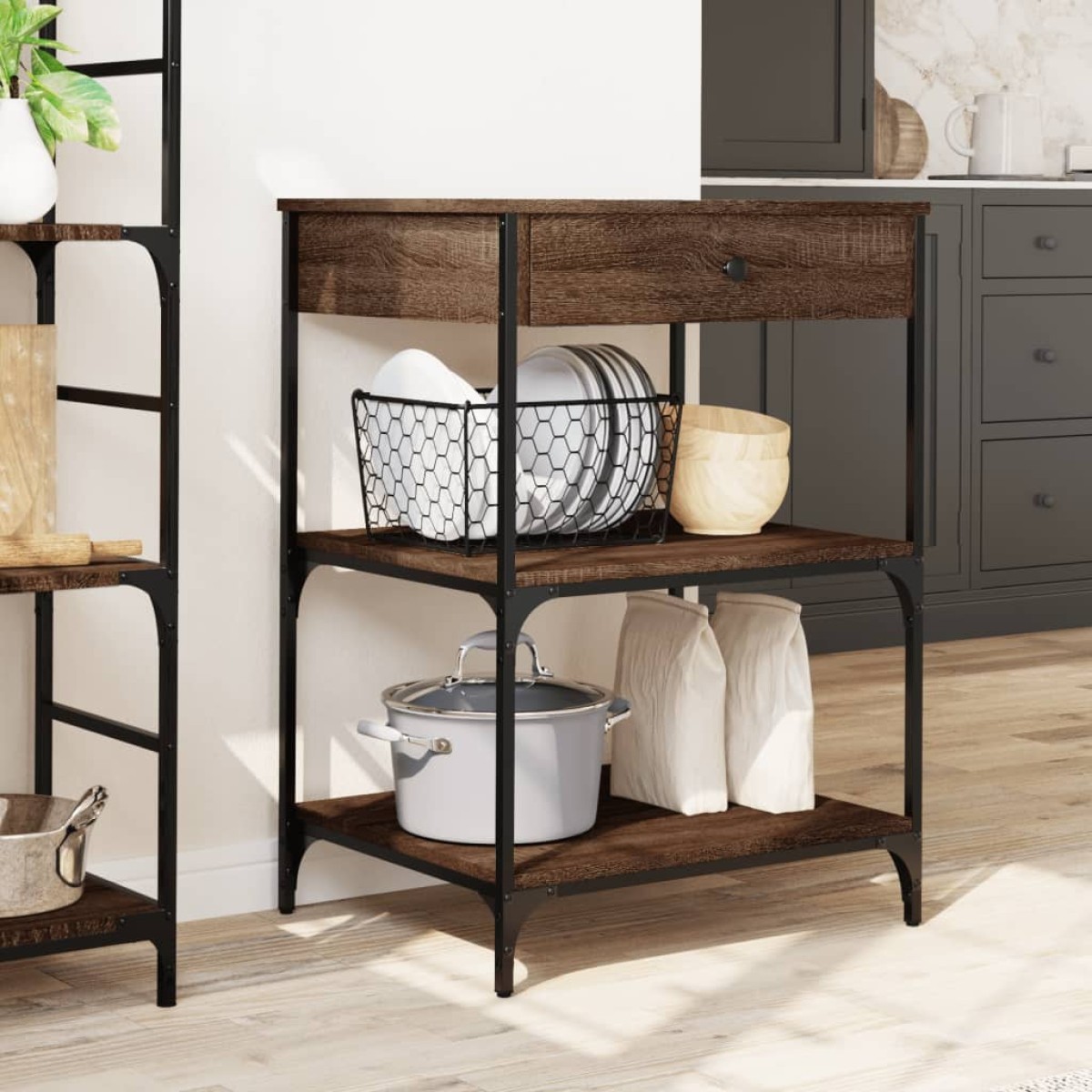 vidaXL Τρόλεϊ Κουζίνας Καφέ Δρυς 60x48x89,5 εκ. από Επεξεργασμένο Ξύλο