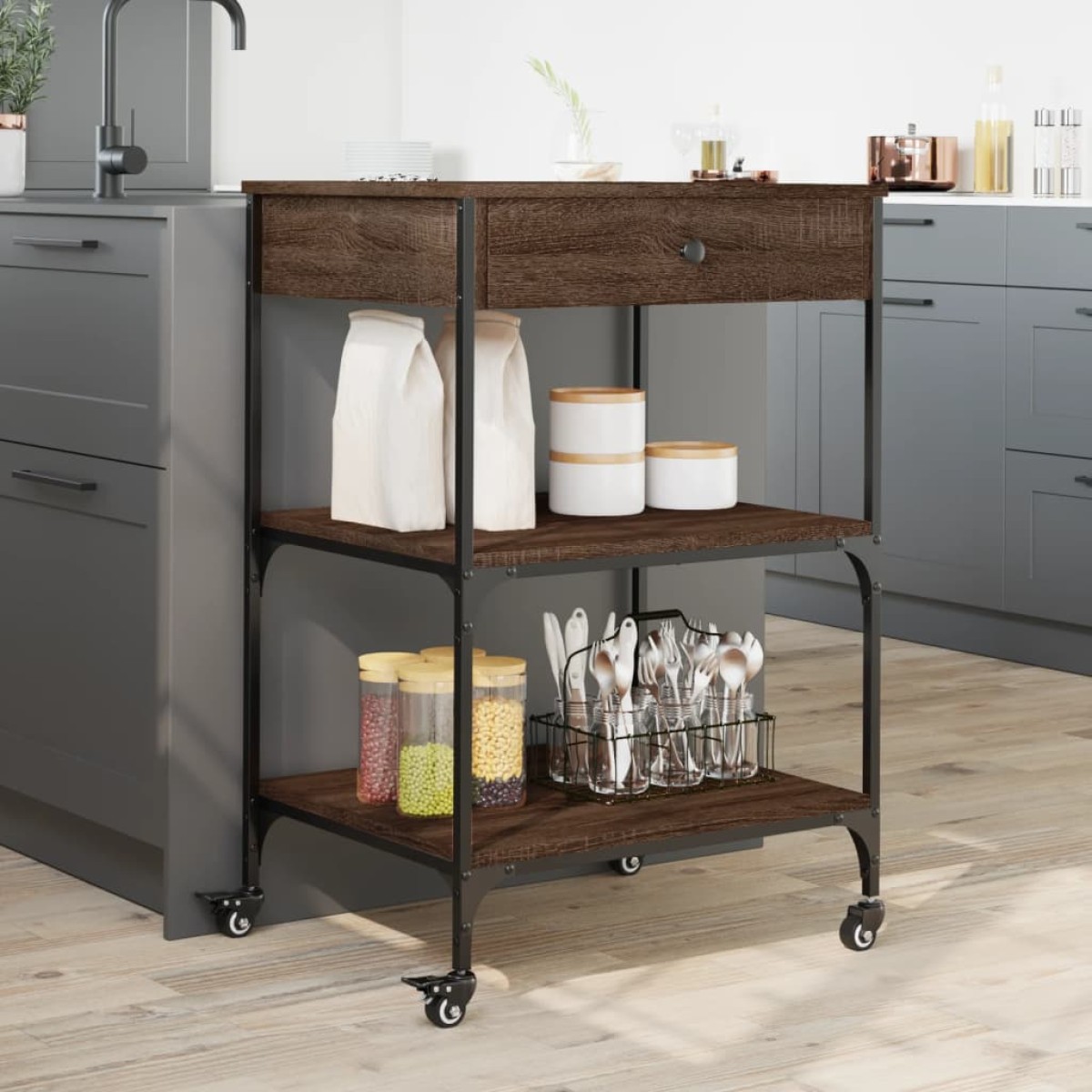 vidaXL Τρόλεϊ Κουζίνας Καφέ Δρυς 60x48x89,5 εκ. από Επεξεργασμένο Ξύλο