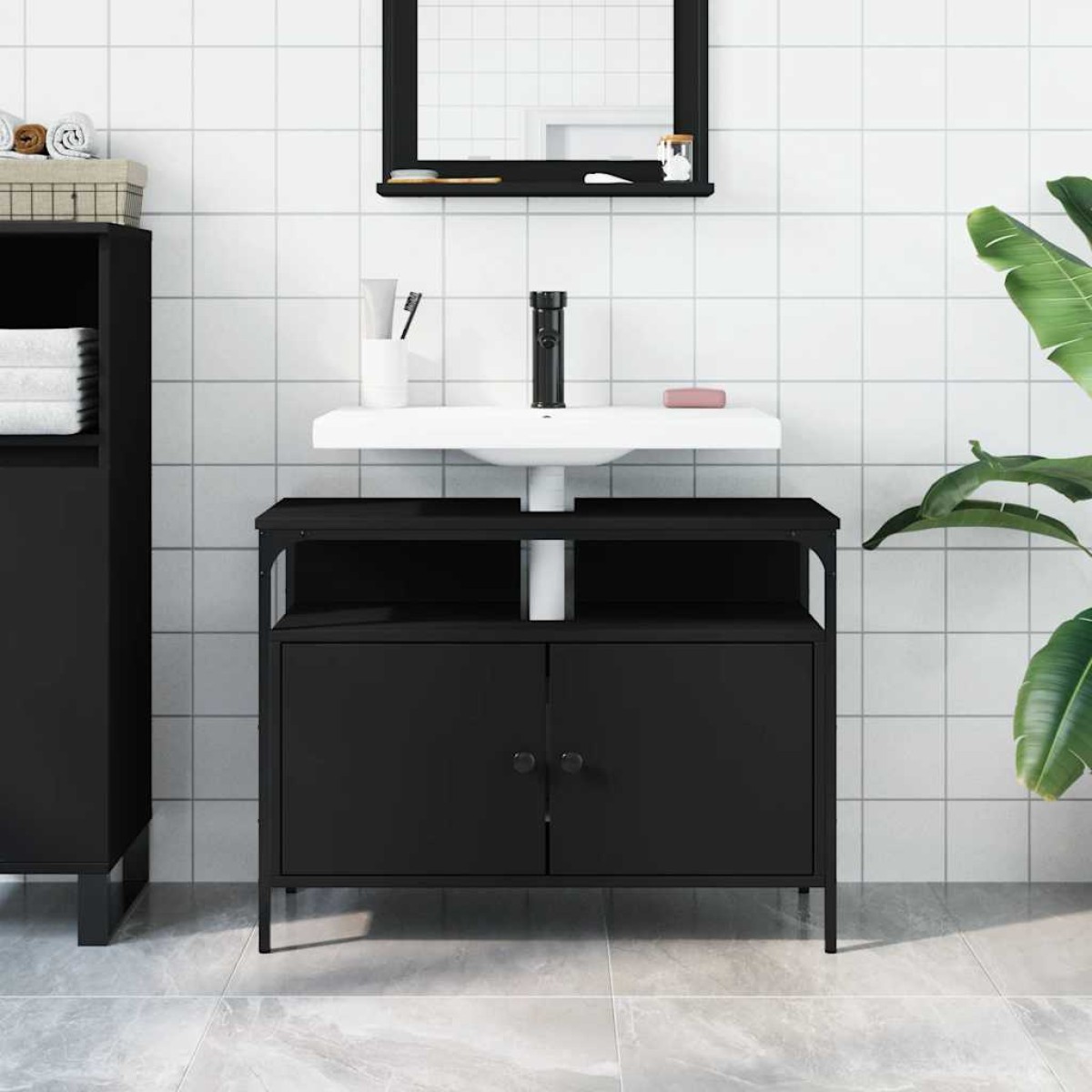 vidaXL Ντουλάπι Νιπτήρα Μπάνιου Μαύρο 60x30x60 εκ. Επεξεργασμένο Ξύλο
