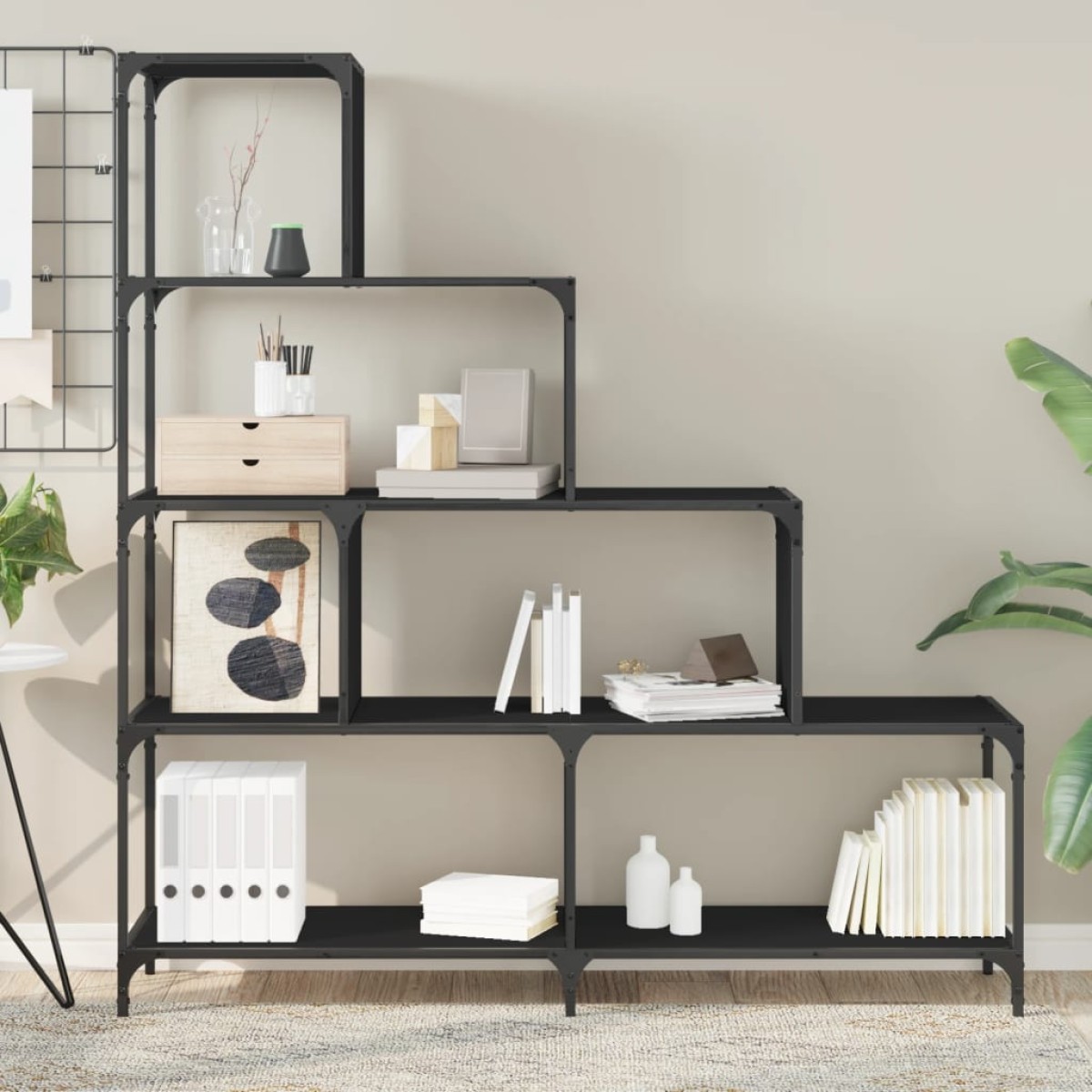 vidaXL Βιβλιοθήκη Σκάλα 4 Ράφια Μαύρη 139x33,5x149 εκ. Επεξεργ. Ξύλο