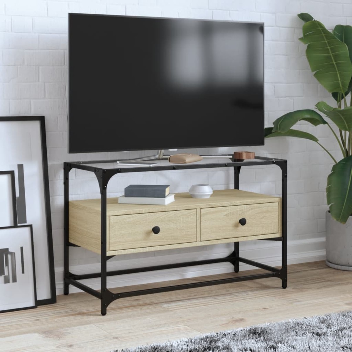 vidaXL Έπιπλο Τηλεόρασης Γυάλ Επιφάνεια Sonoma Δρυς 80x35x51εκ Επ Ξύλο