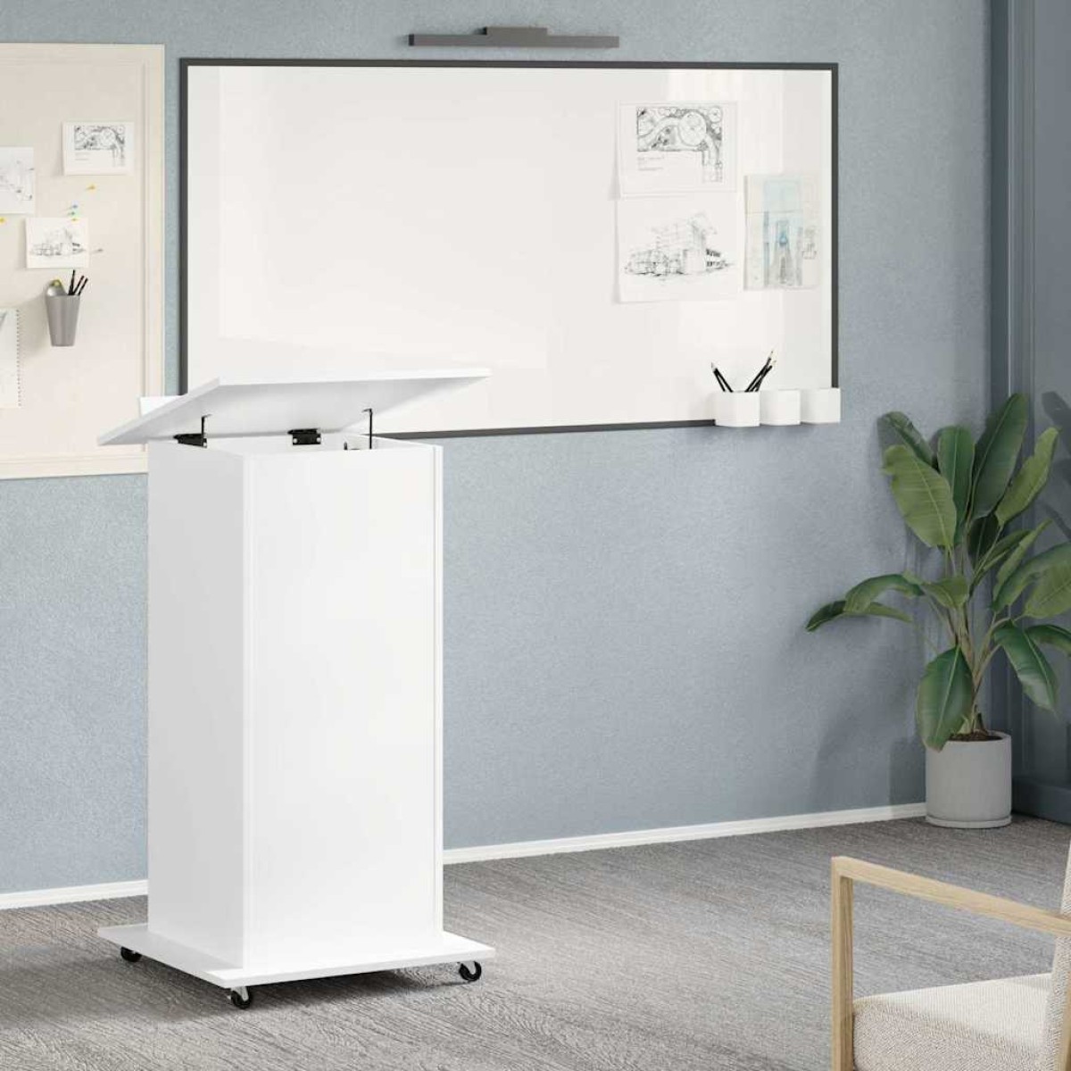 vidaXL Αναλόγιο με Ροδάκια & Συρτάρι Λευκό 55x55x107 εκ. Επεξ. Ξύλο