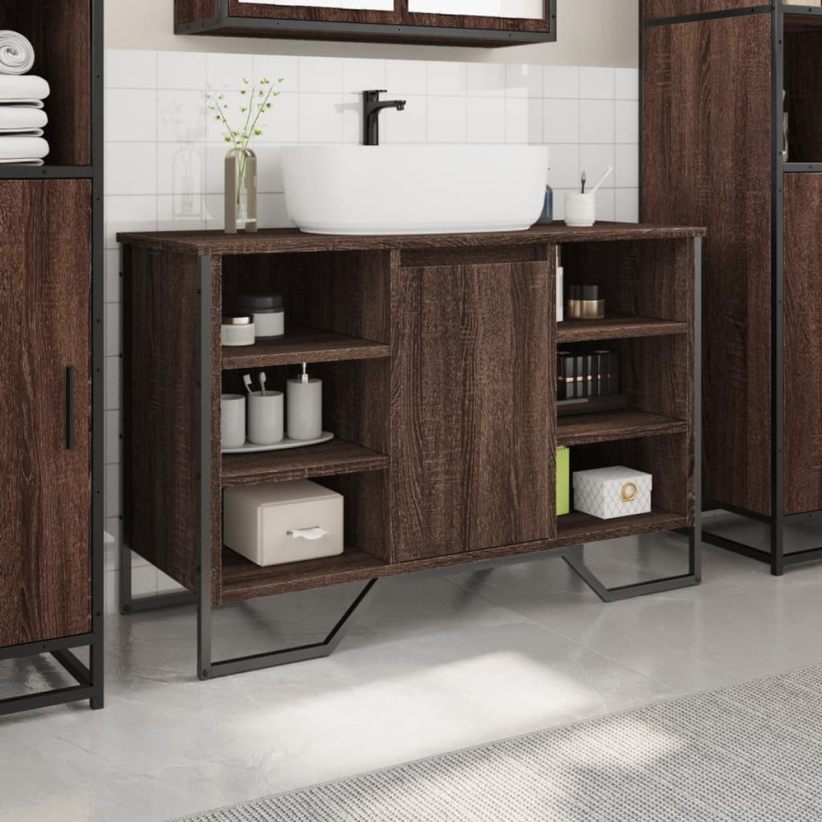 vidaXL Ντουλάπι Νιπτήρα Μπάνιου Καφέ Δρυς 91x35x60 εκ. Επεξ. Ξύλο