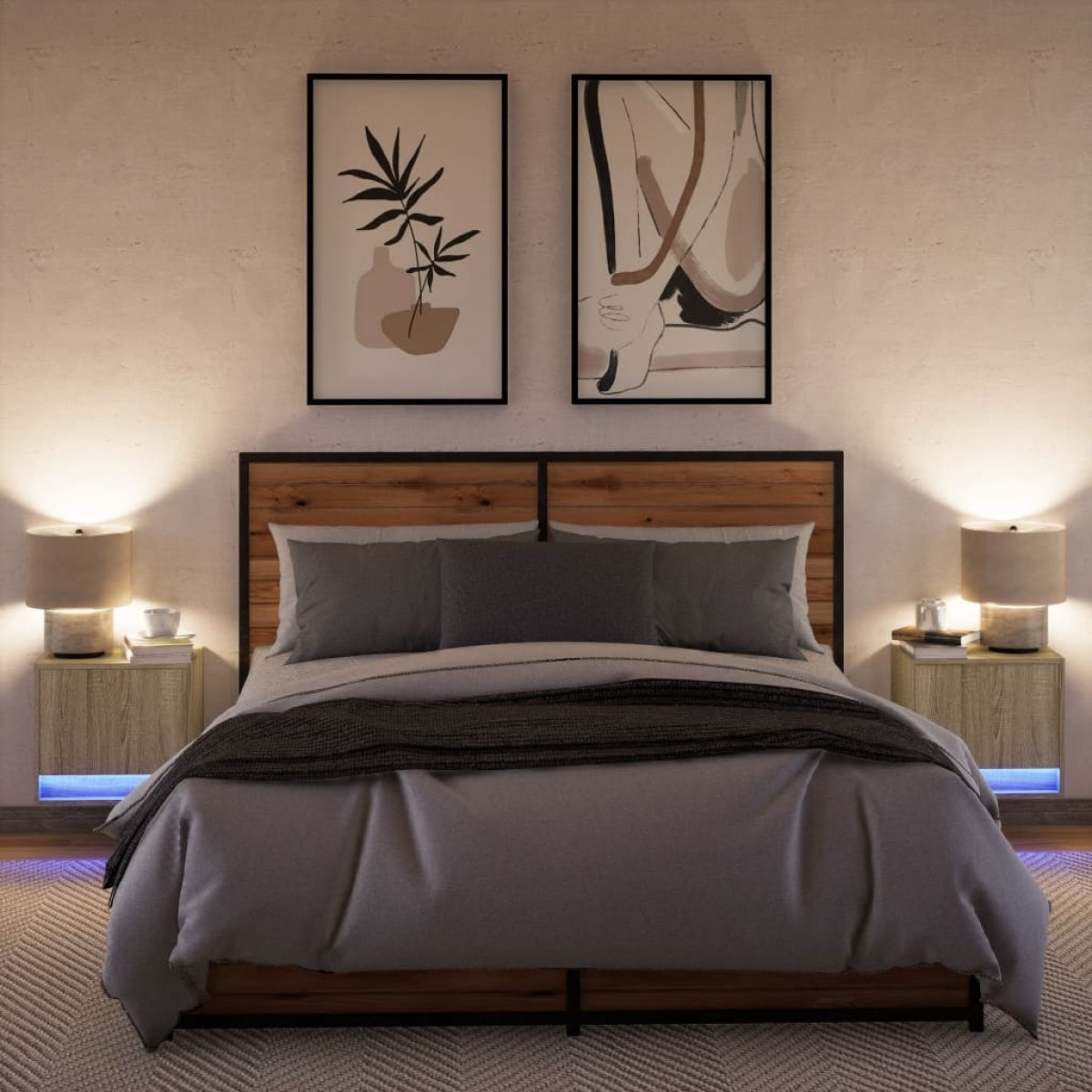 vidaXL Κομοδίνα Επιτοίχια με Φώτα LED 2 τεμ. Sonoma Δρυς