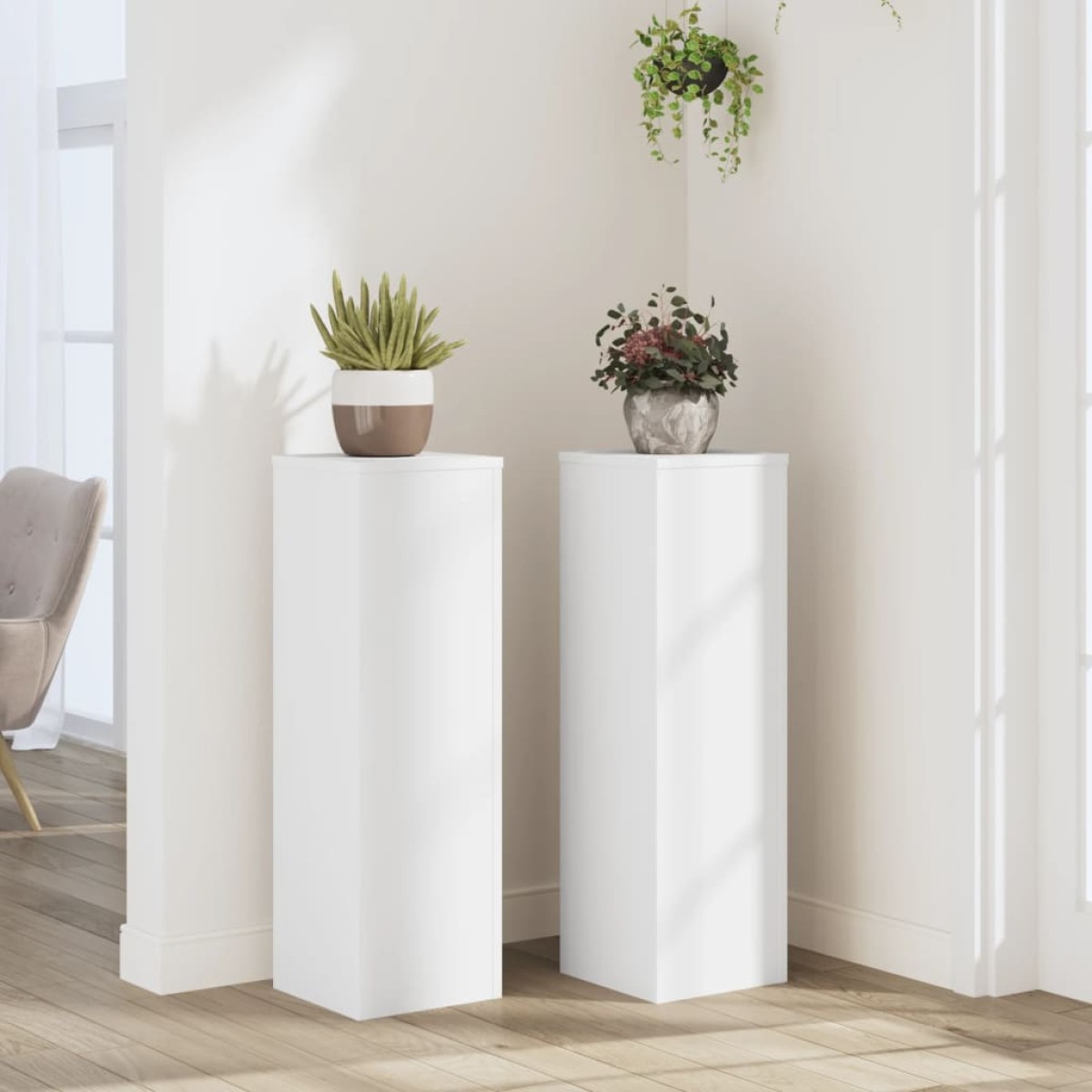 vidaXL Βάσεις Φυτών 2 τεμ. Λευκές 25x25x80 εκ. από Επεξεργασμένο Ξύλο