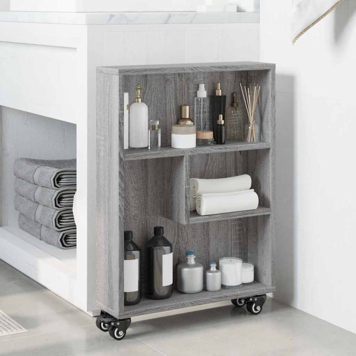 vidaXL Τρόλεϊ Αποθήκευσης Στενό Γκρι Sonoma 48x13x68 εκ. Επεξ. Ξύλο